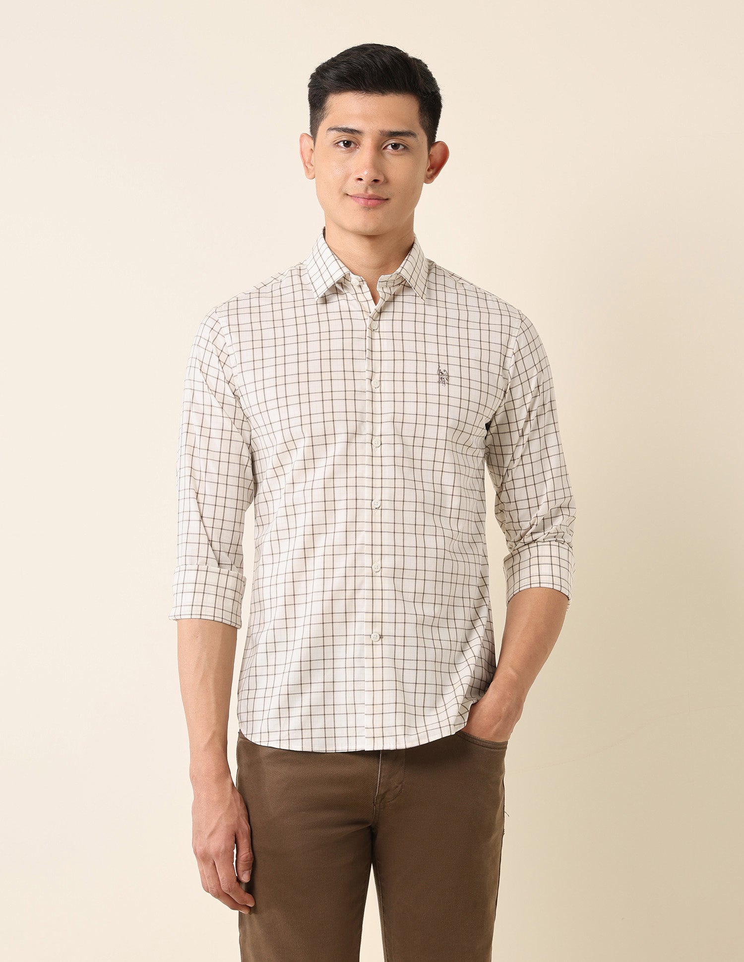 Tailored Fit Graph Checked Shirt Beige - U.S. Polo Assn. India | Large