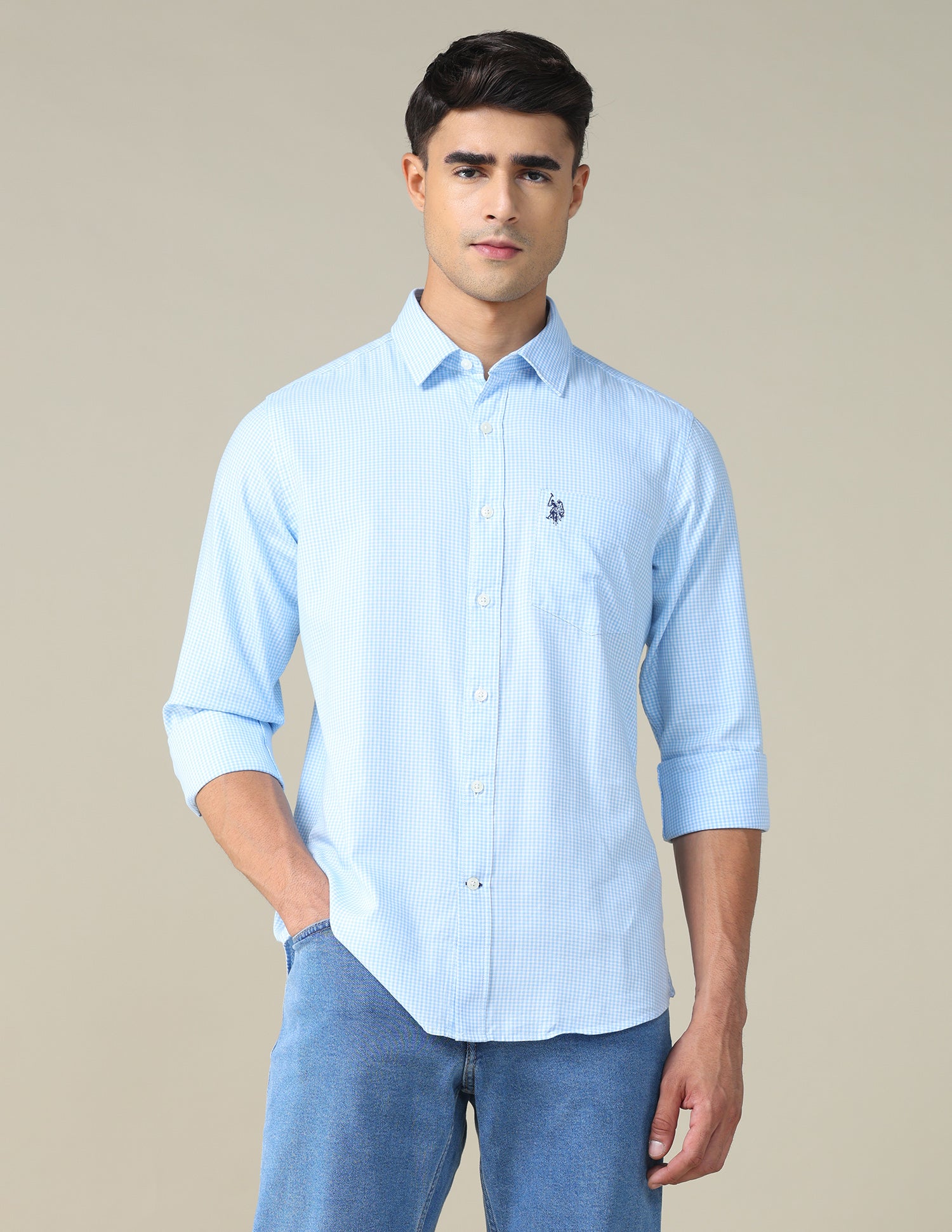 Gingham Checked Tailored Fit Shirt Light Blue - U.S. POLO ASSN. | Large