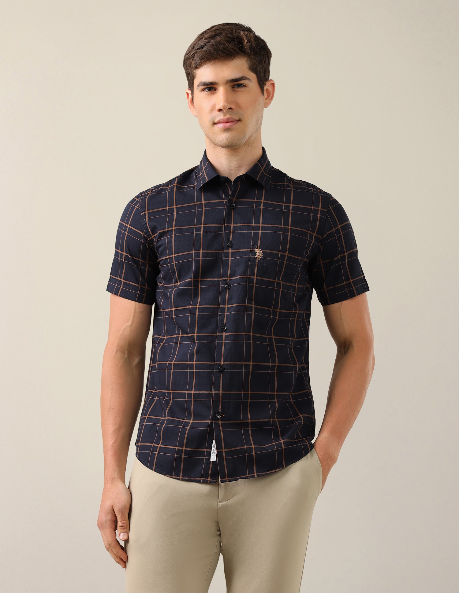 Grid Tattersall Checked Tailored Fit Shirt Navy - U.S. Polo Assn. India | Large