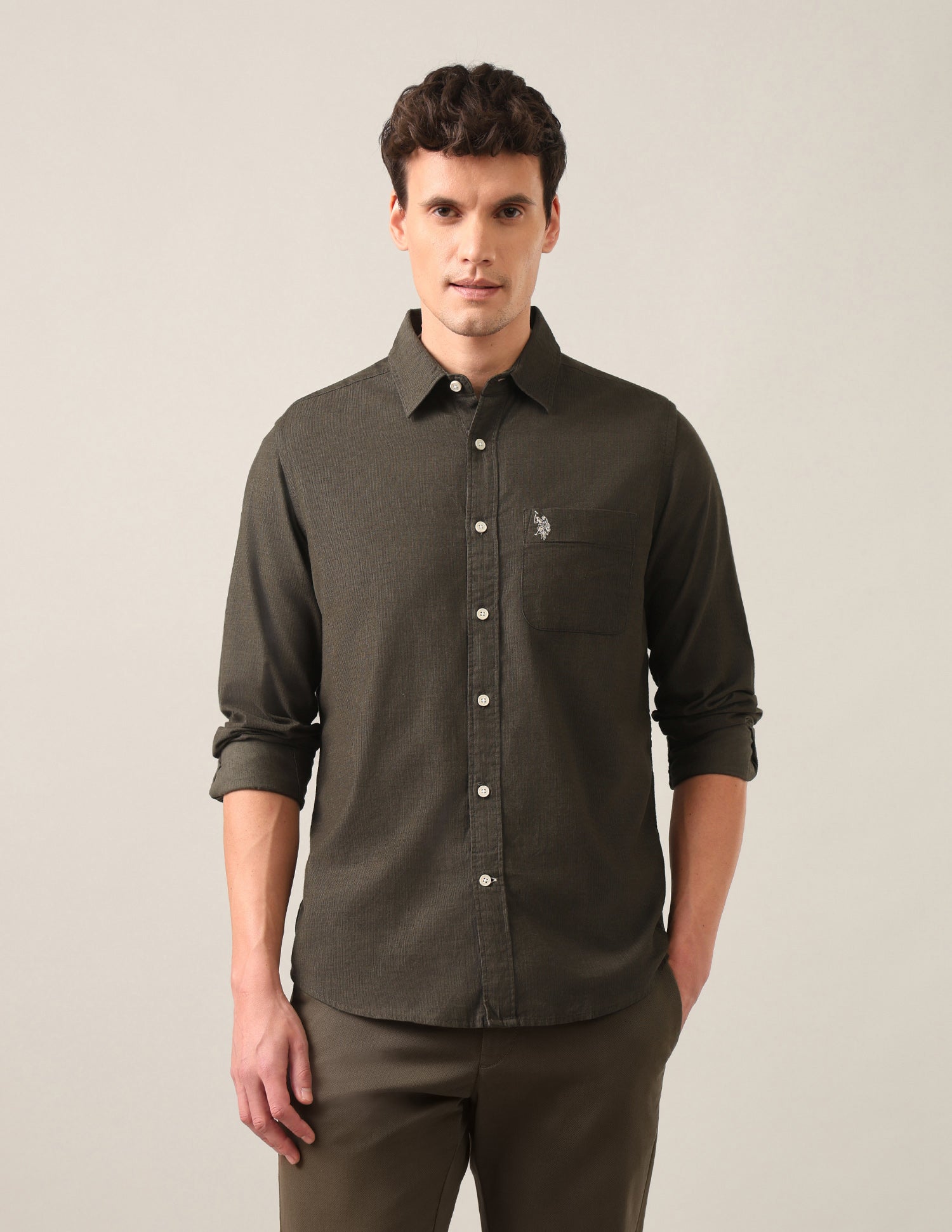 Solid Corduroy Shirt Olive - U.S. Polo Assn. India | Large