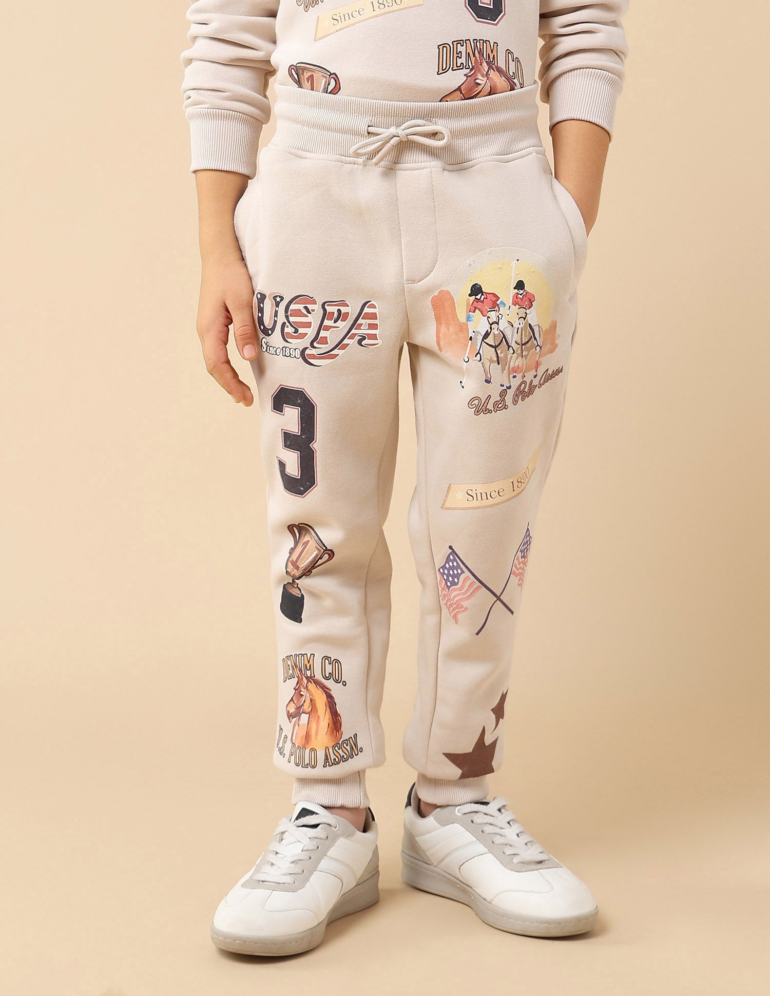 Boys Graphic Brand Printed Regular Fit Joggers Light Brown - U.S. POLO ASSN. | Large