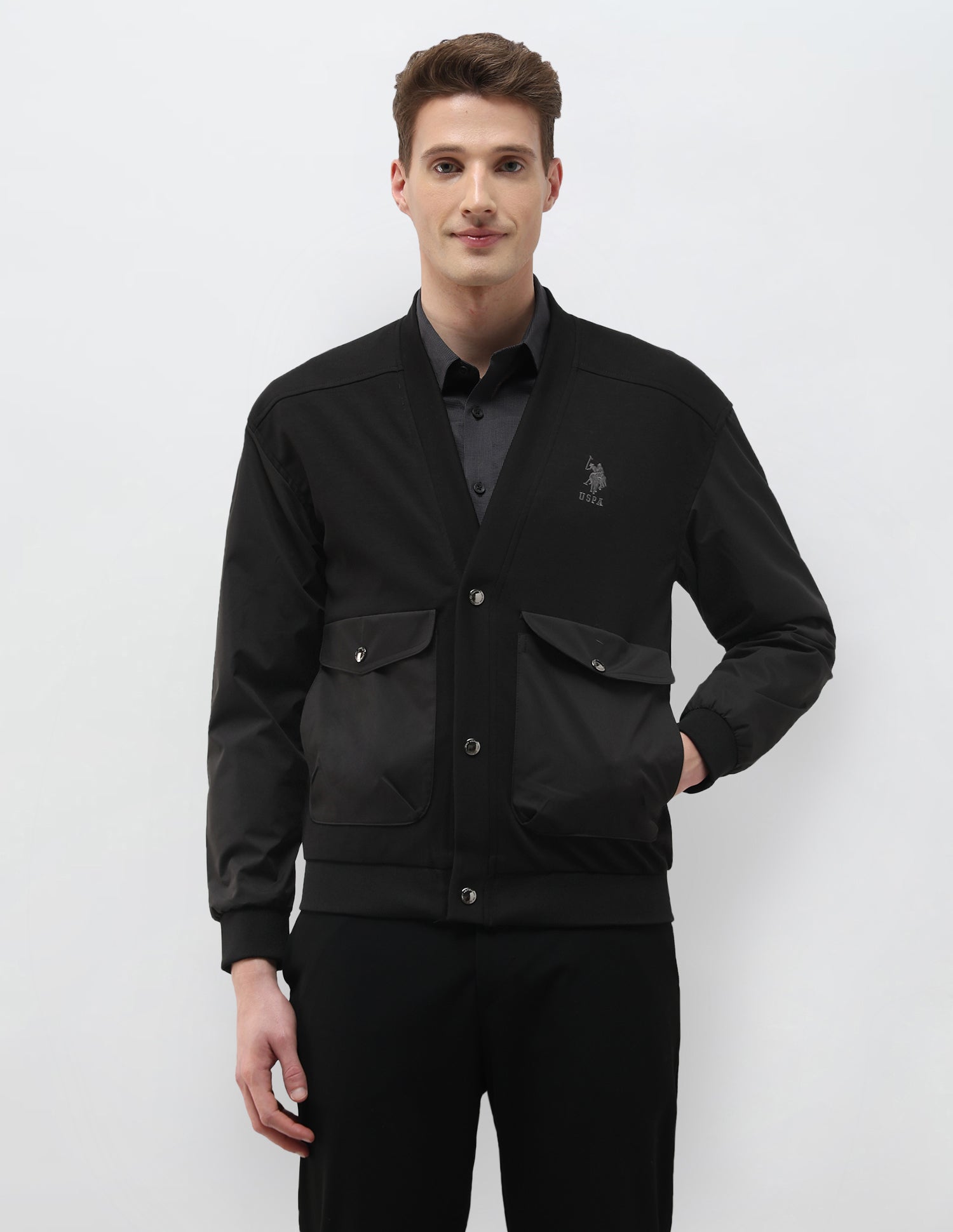 Solid Regular Fit Bomber Jacket Black - U.S. Polo Assn. India | Large
