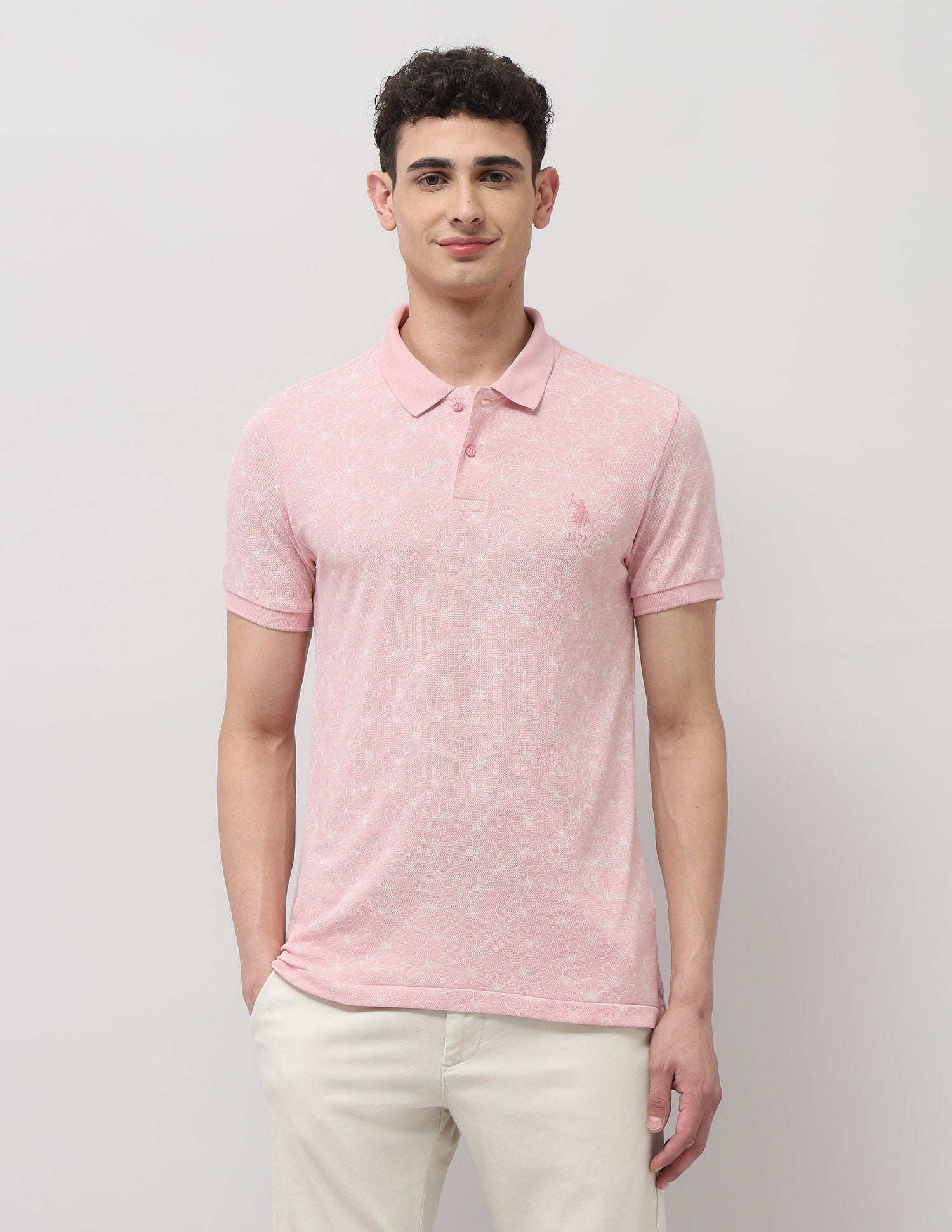 Slim Fit Floral Printed Polo Shirt Light Pink - U.S. Polo Assn. India | Large