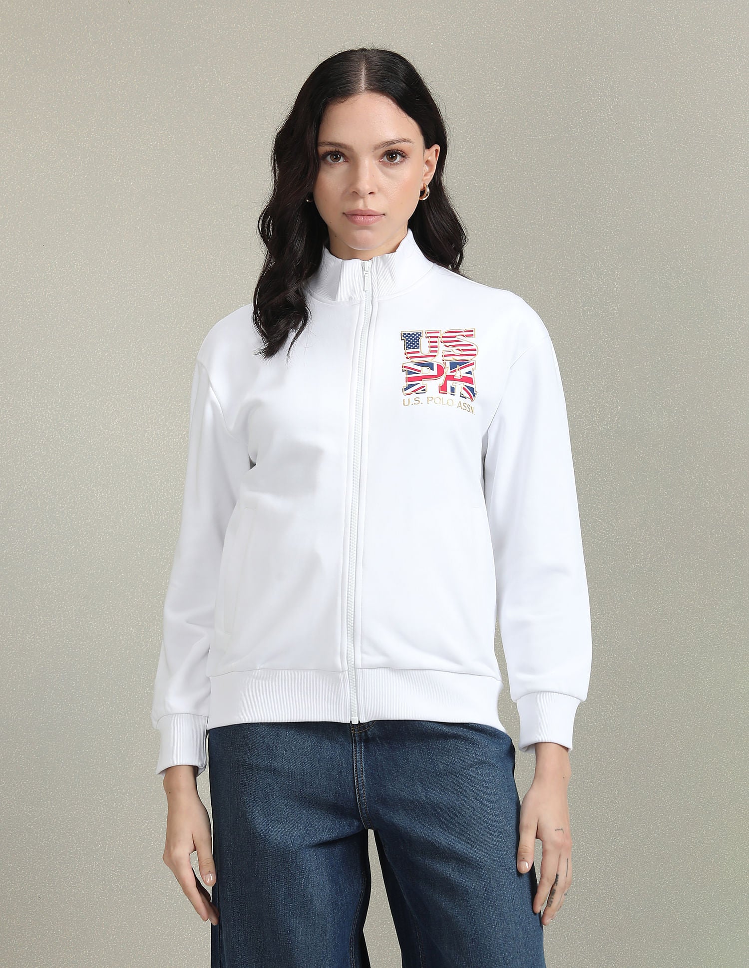 High Neck Printed Jacket White - U.S. Polo Assn. India | Large