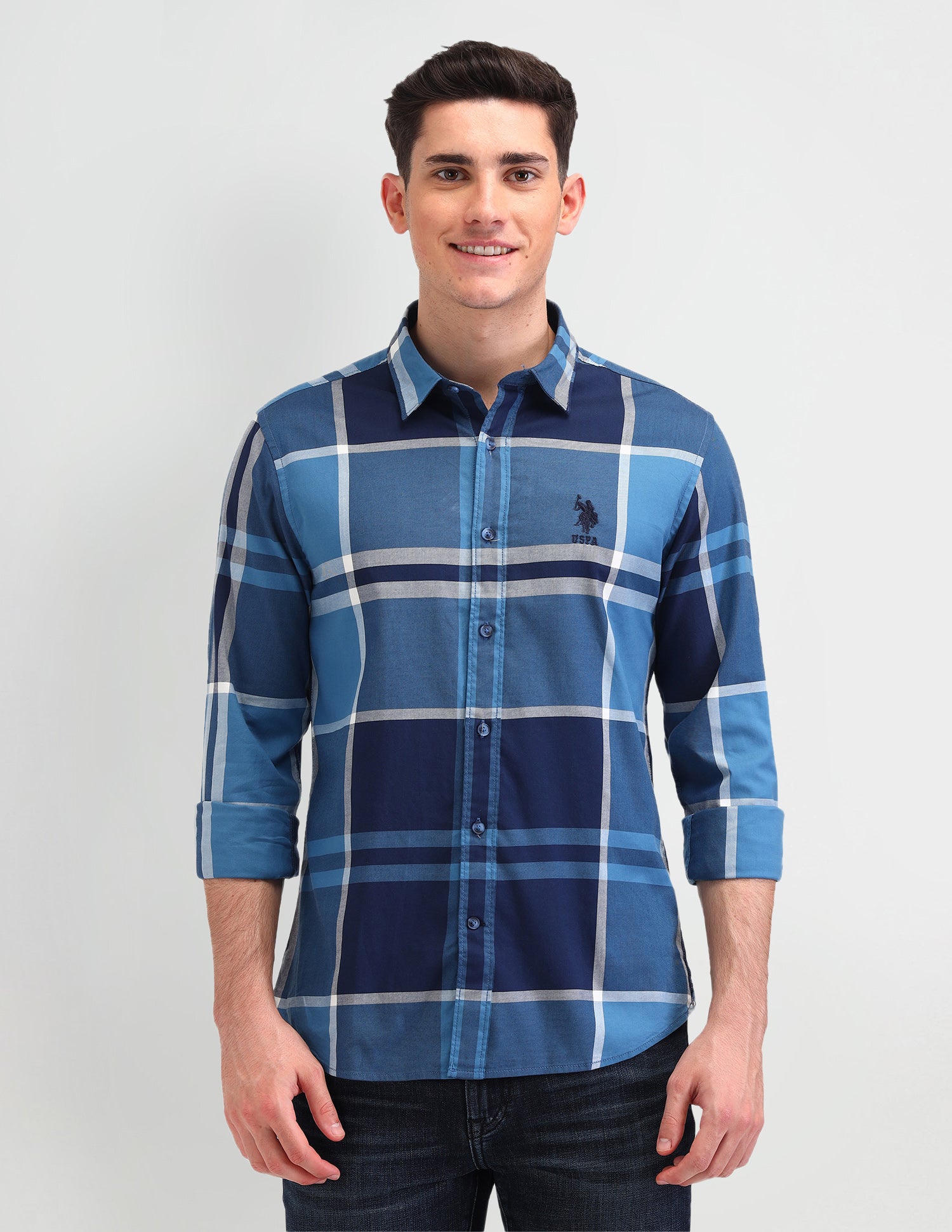 Grid Tattersall Checked Slim Fit Shirt Blue - U.S. Polo Assn. India | Large