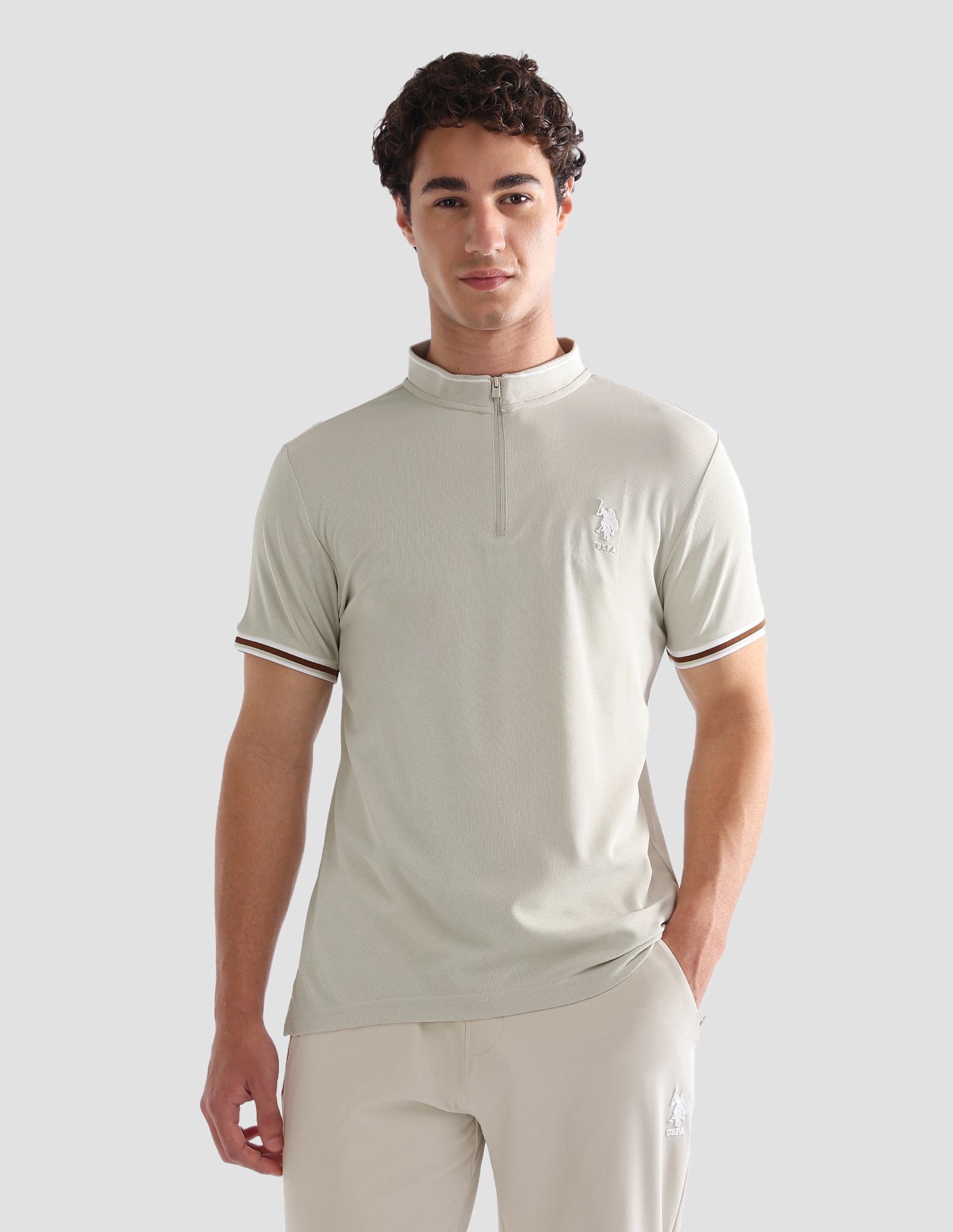 Solid Slim Fit Active Polo Shirt Beige - U.S. Polo Assn. India | Large