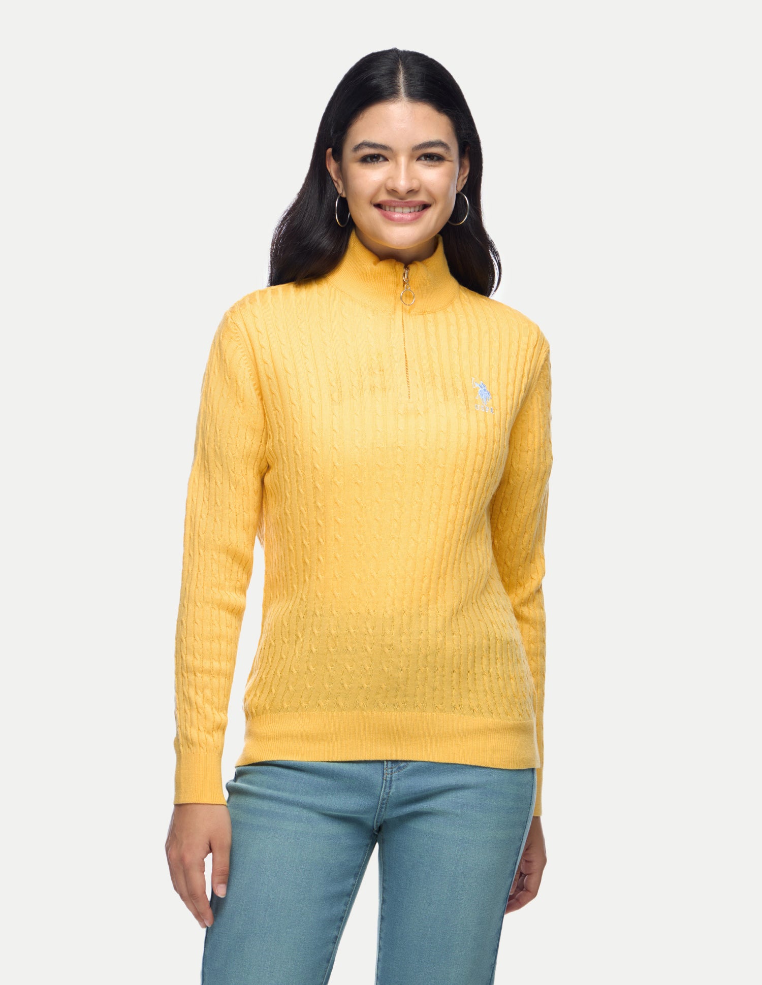 Cable Patterned Knit Regular Fit Sweater Yellow - U.S. Polo Assn. India | Large