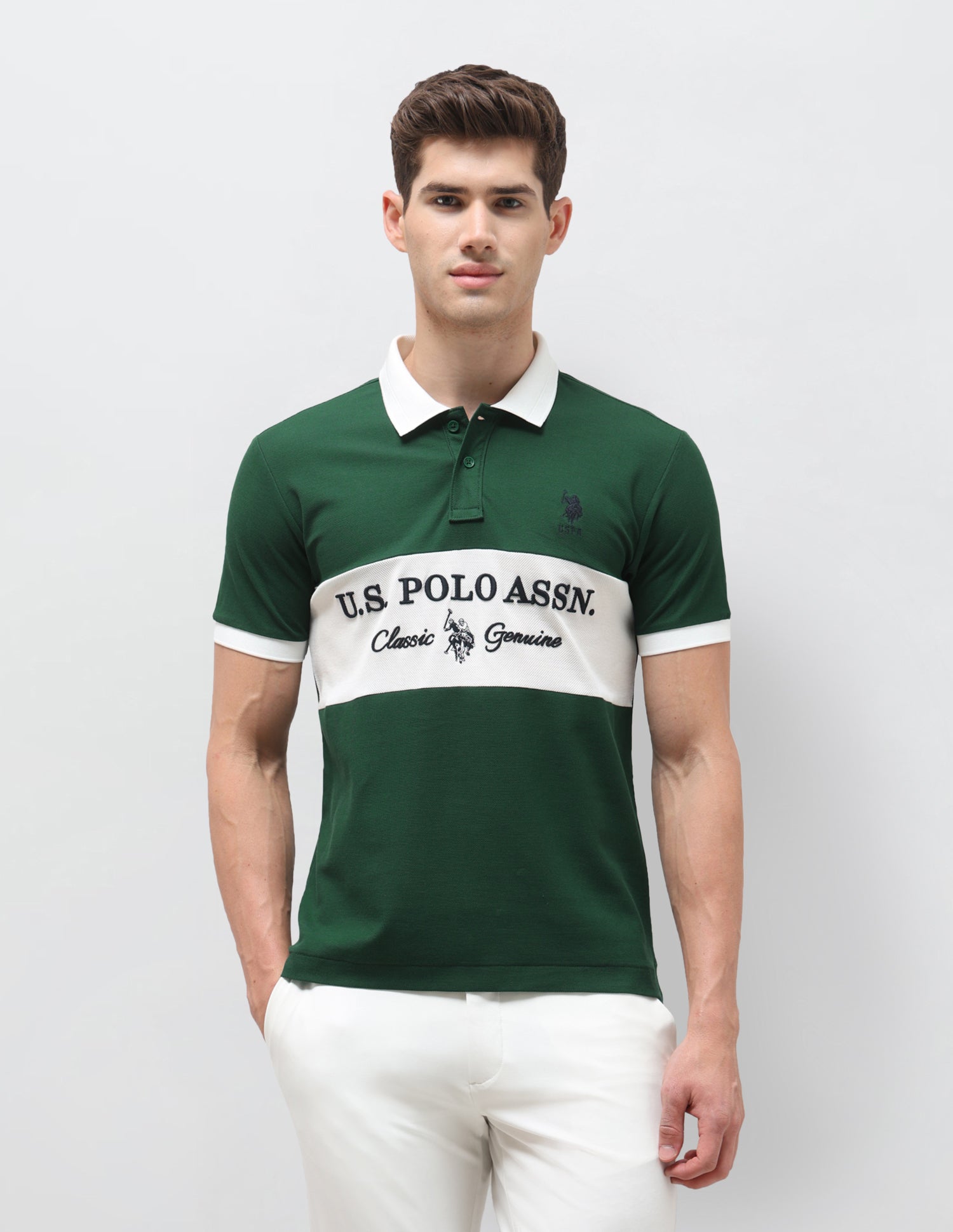 Colourblocked Brand Embroidered Slim Fit Polo Shirt Green - U.S. Polo Assn. India | Large