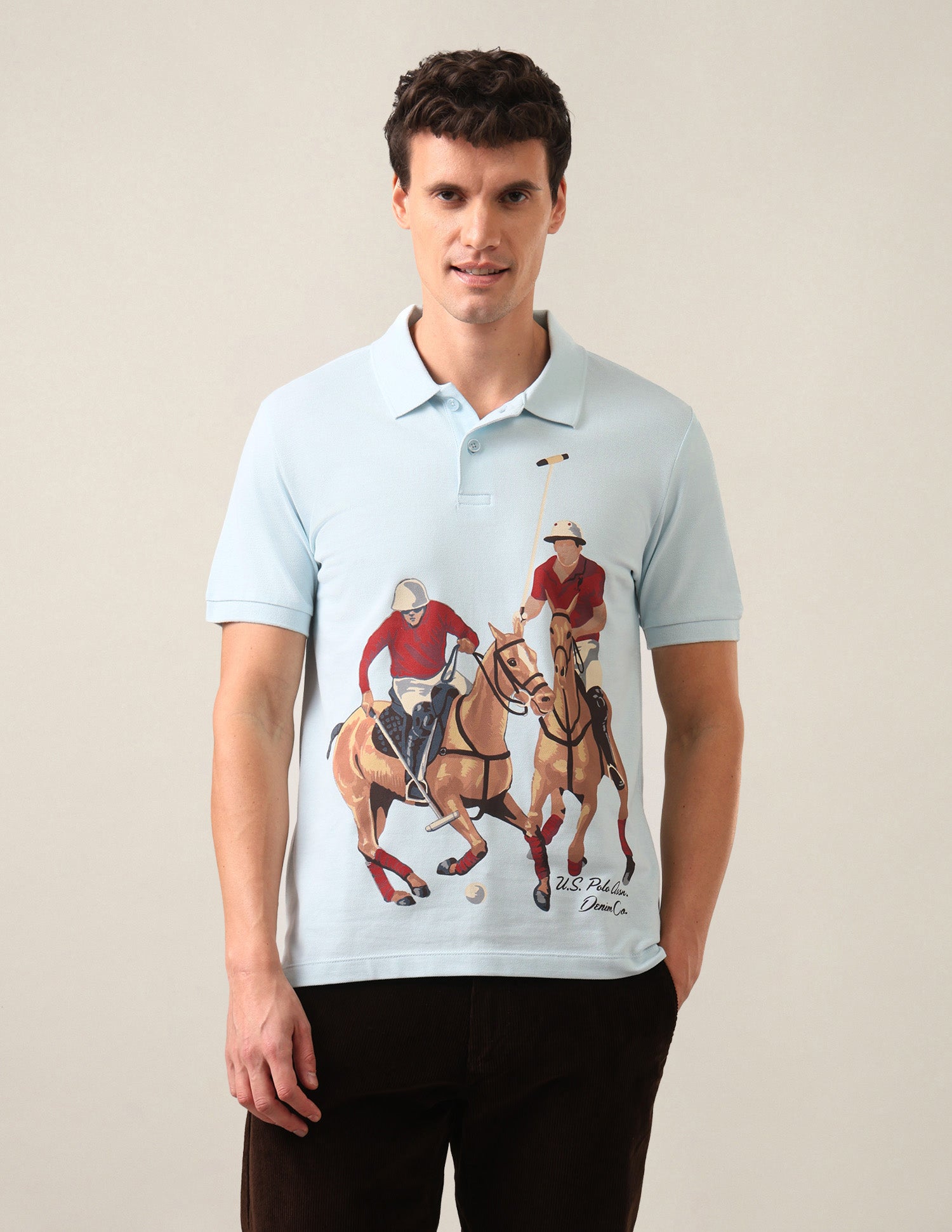Graphic Brand Printed Slim Fit Polo Shirt Light Blue - U.S. Polo Assn. India | Large