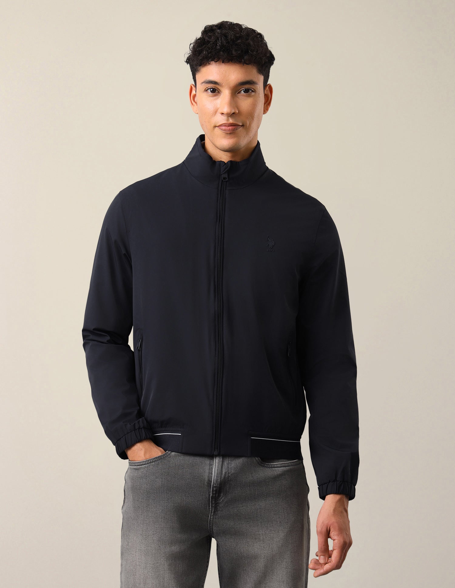 Solid Regular Fit Bomber Jacket Navy - U.S. Polo Assn. India | Large