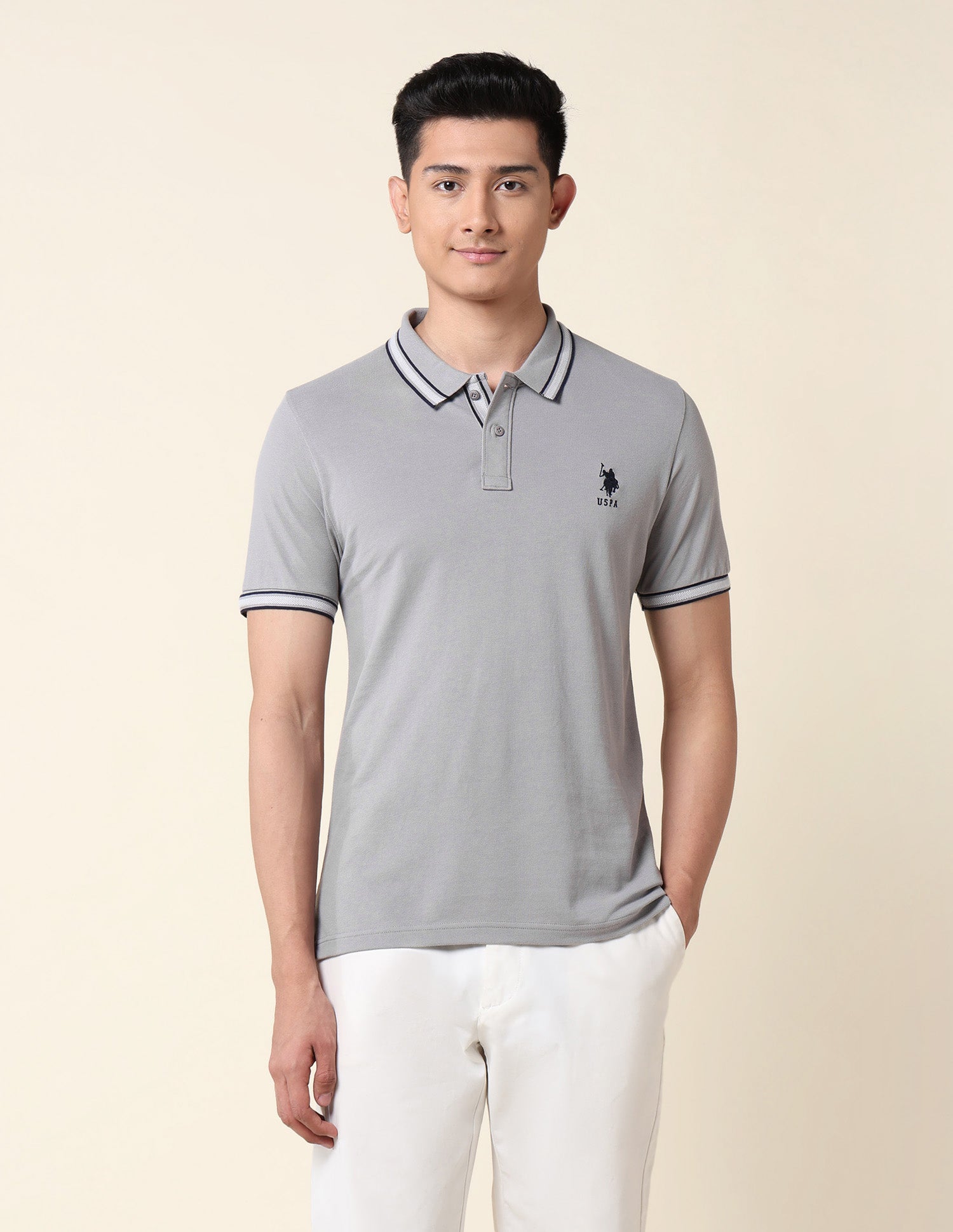 Slim Fit Pure Cotton Polo Shirt Light Grey - U.S. Polo Assn. India | Large