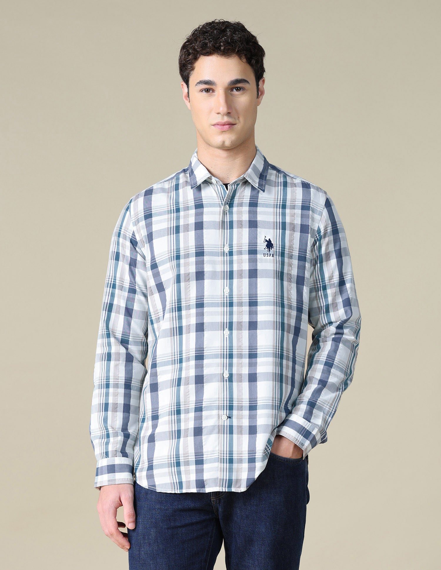 Plaid Checked Seersucker Shirt Teal - U.S. Polo Assn. India | Large