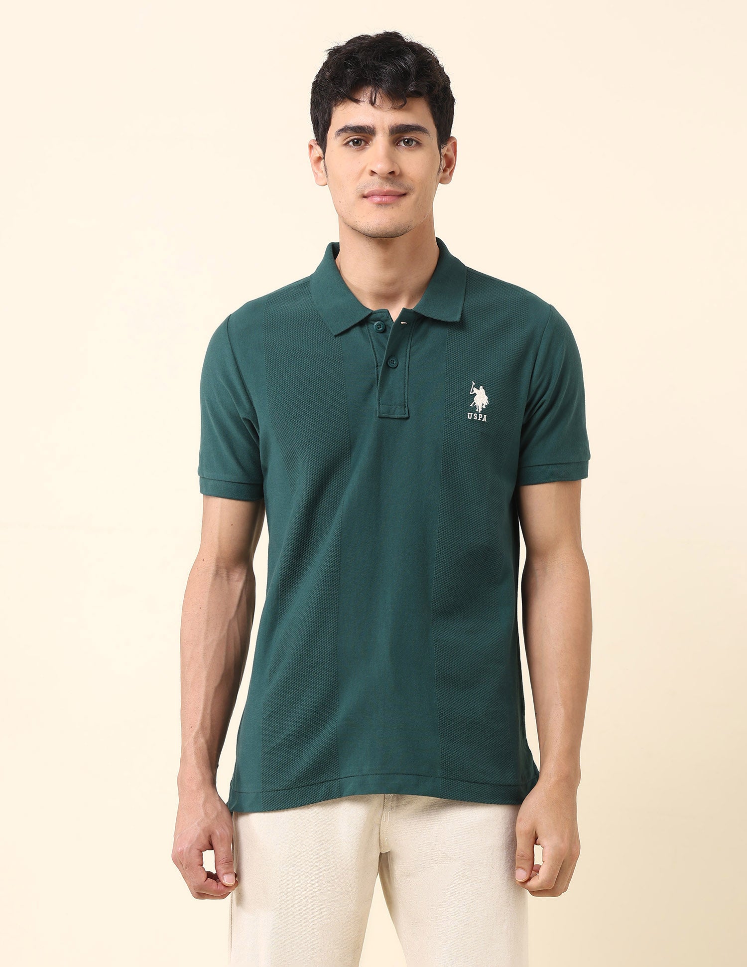 Textured Pure Cotton Classic Polo Shirt Dark Green - U.S. Polo Assn. India | Large