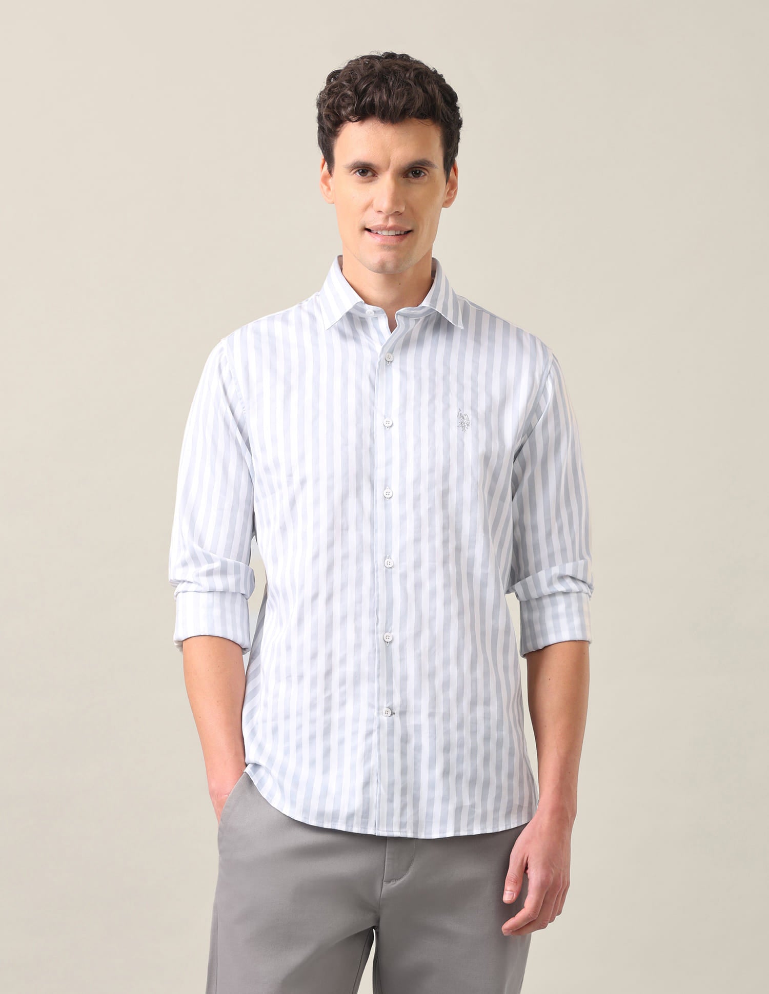 Vertical Striped Tailored Fit Shirt Grey - U.S. Polo Assn. India | Large