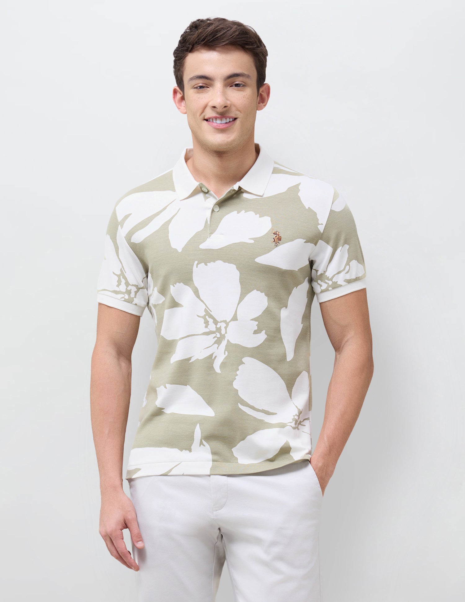 Floral Printed Slim Fit Polo Shirt Olive - U.S. Polo Assn. India | Large
