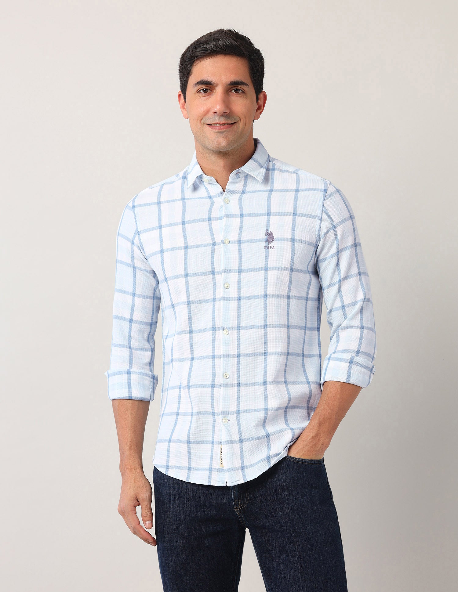 Windowpane Checked Regular Fit Shirt Light Indigo - U.S. Polo Assn. India | Large