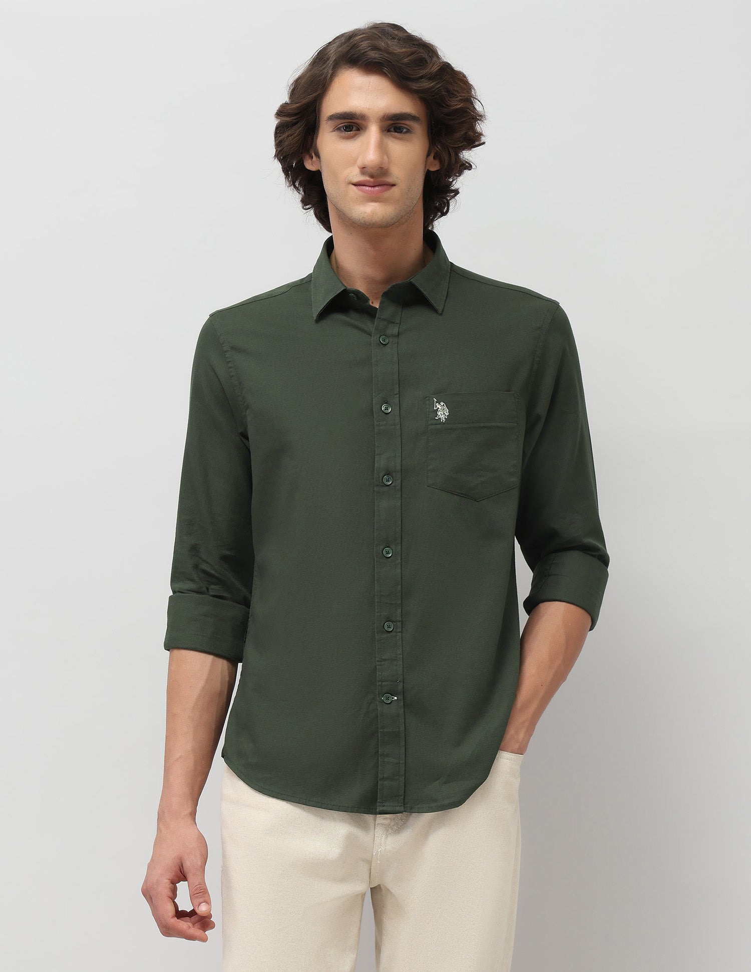 Tailored Fit Pure Cotton Shirt Dark Olive - U.S. Polo Assn. India | Large