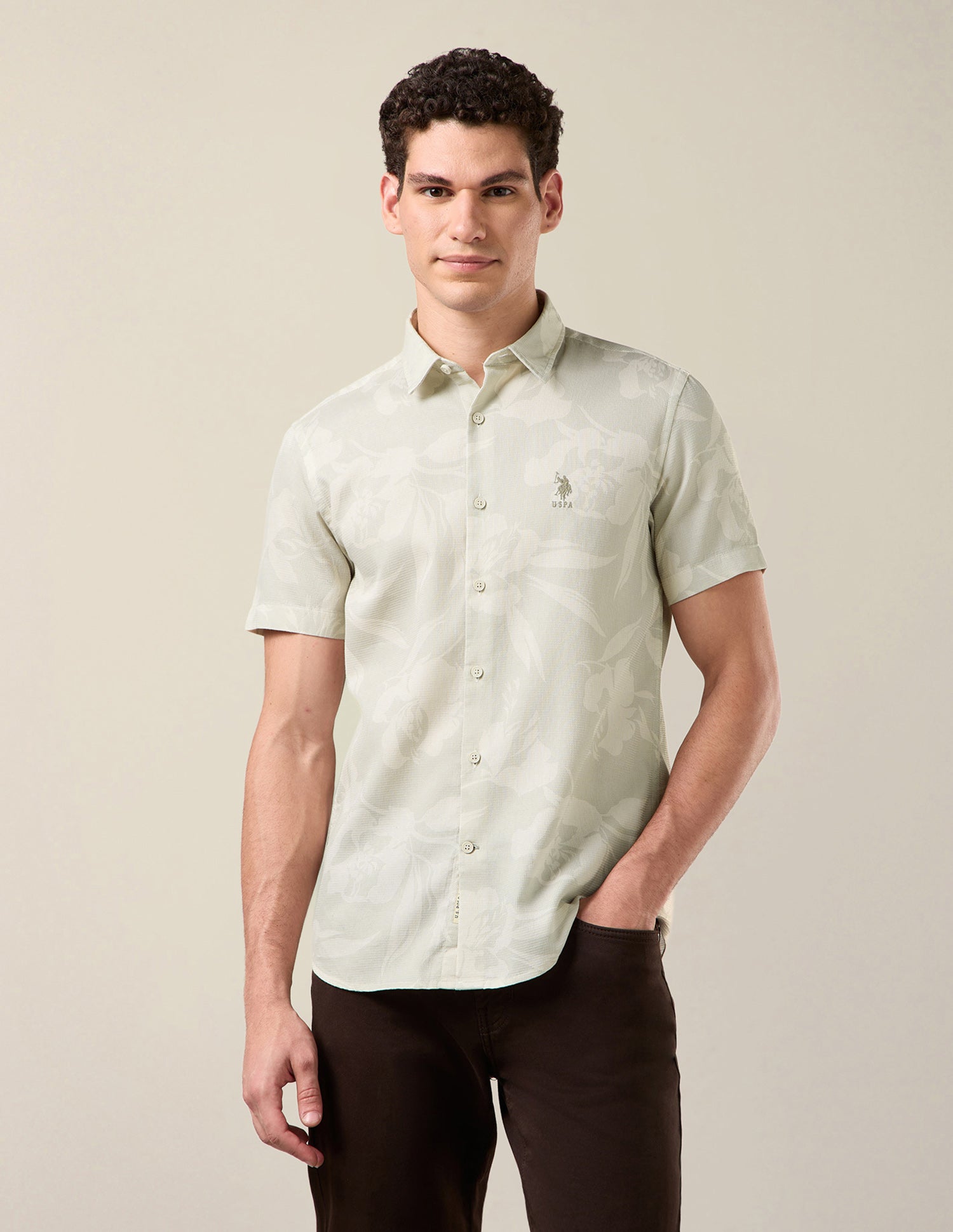 All Over Printed Regular Fit Shirt Beige - U.S. Polo Assn. India | Large