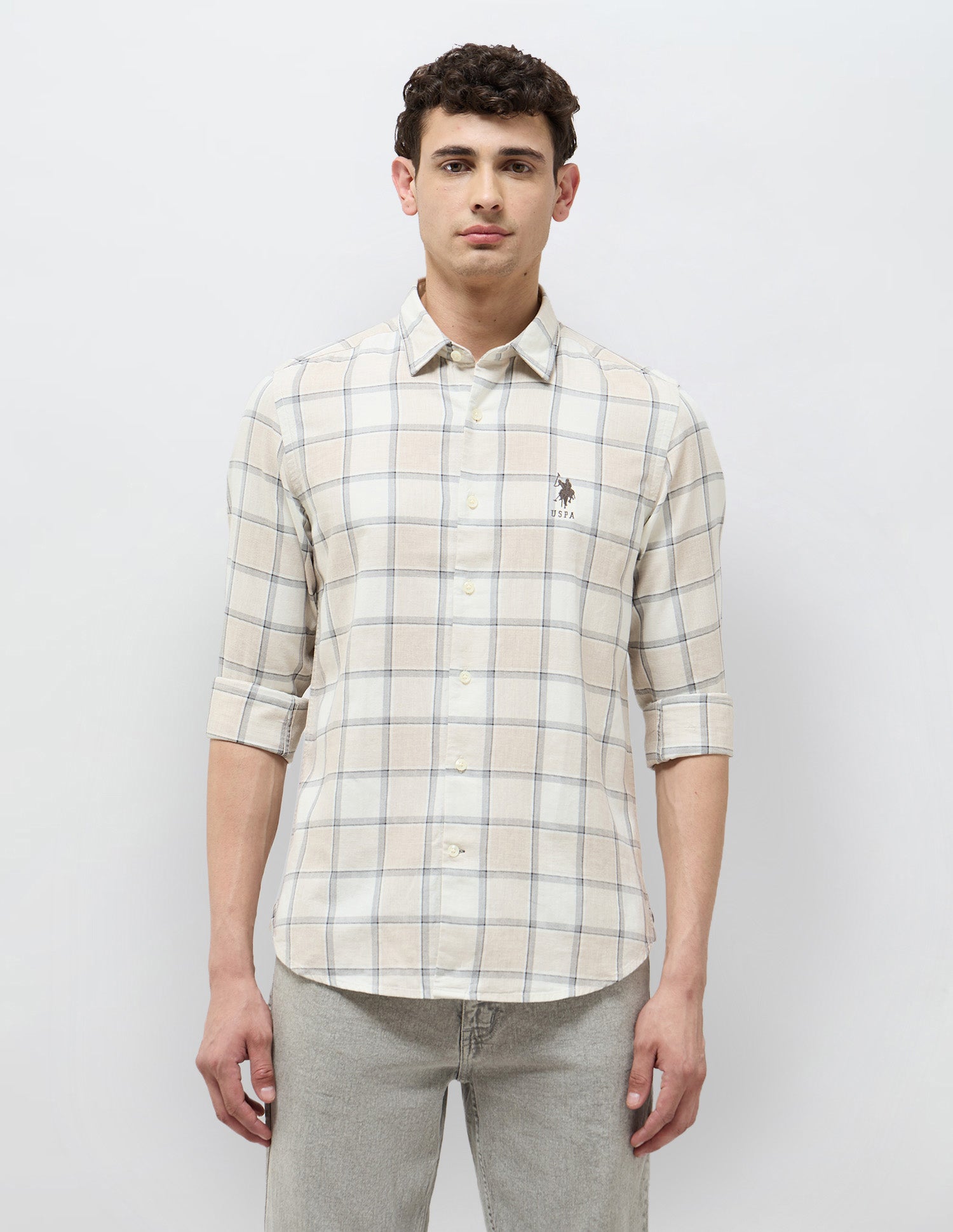 Grid Tattersall Checked Twill Shirt Ecru - U.S. POLO ASSN. | Large