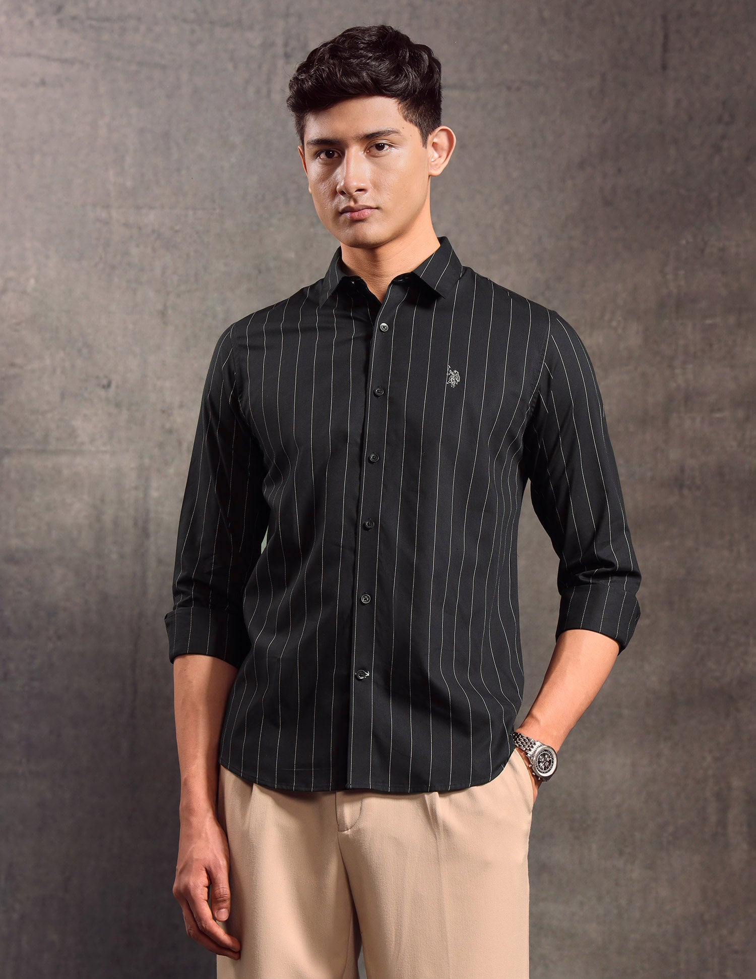 Vertical Striped Slim Fit Shirt Black - U.S. POLO ASSN. | Large