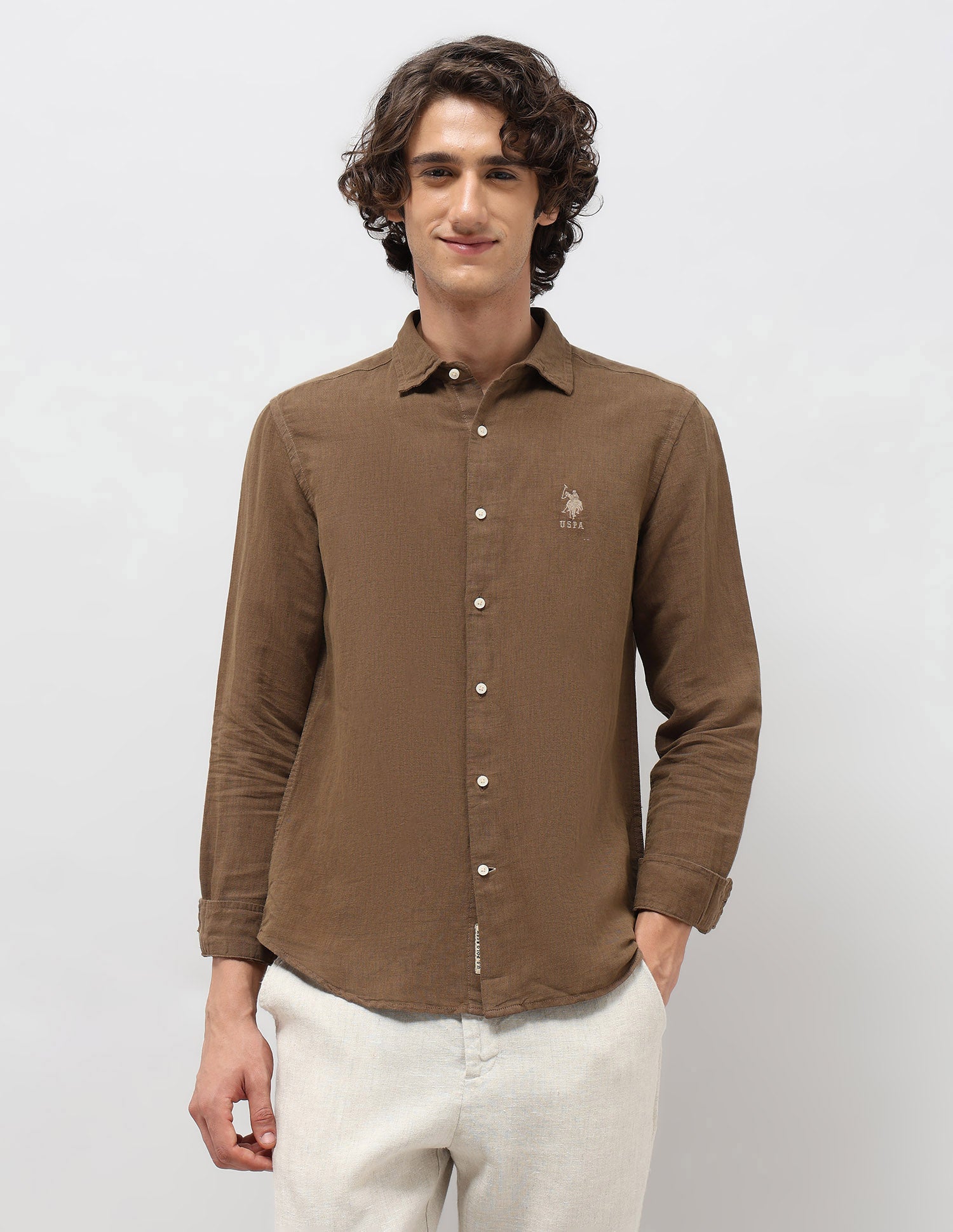 Solid Regular Fit Shirt Khaki - U.S. Polo Assn. India | Large