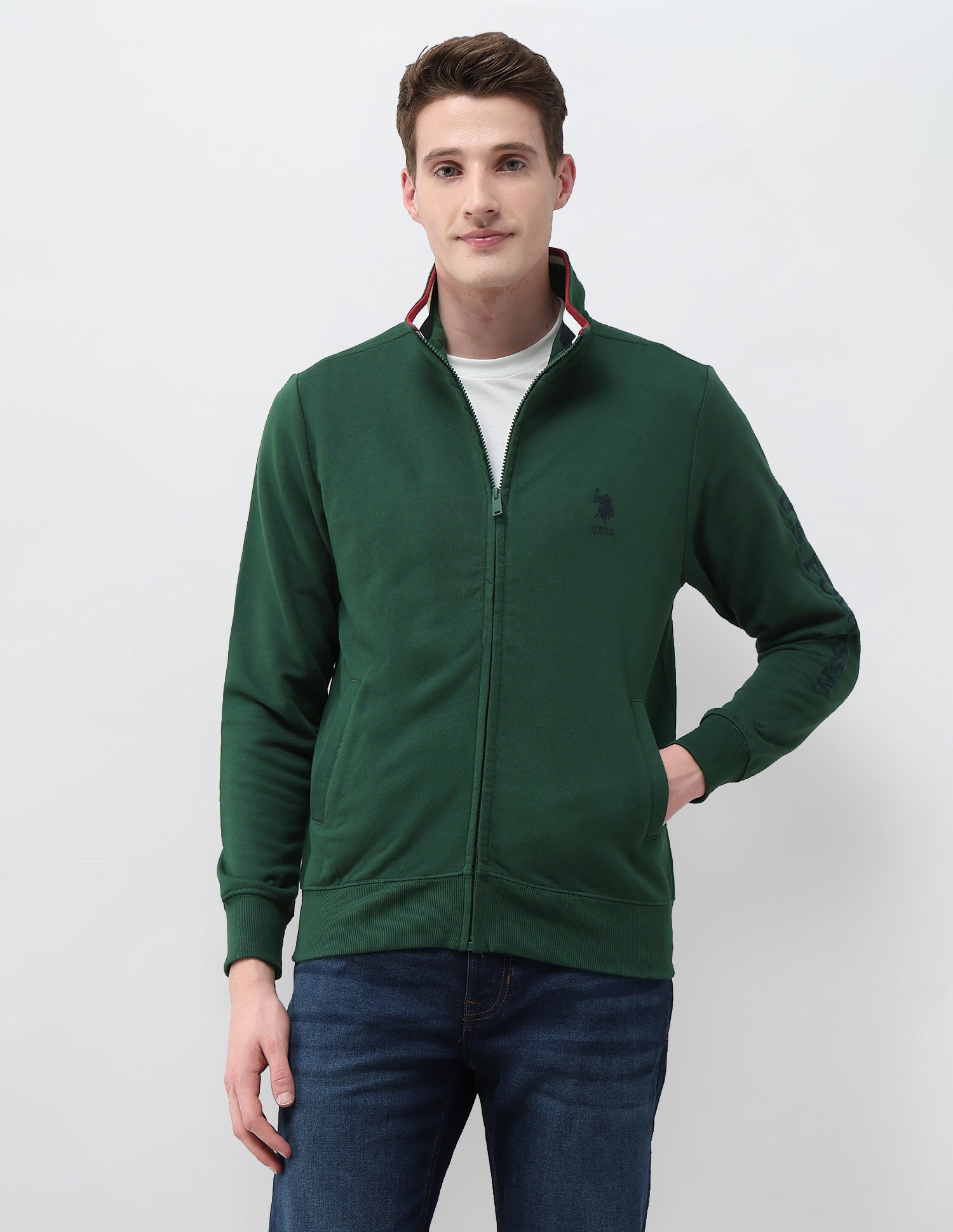 Brand Embroidered Zipper Sweatshirt Dark Green - U.S. Polo Assn. India | Large