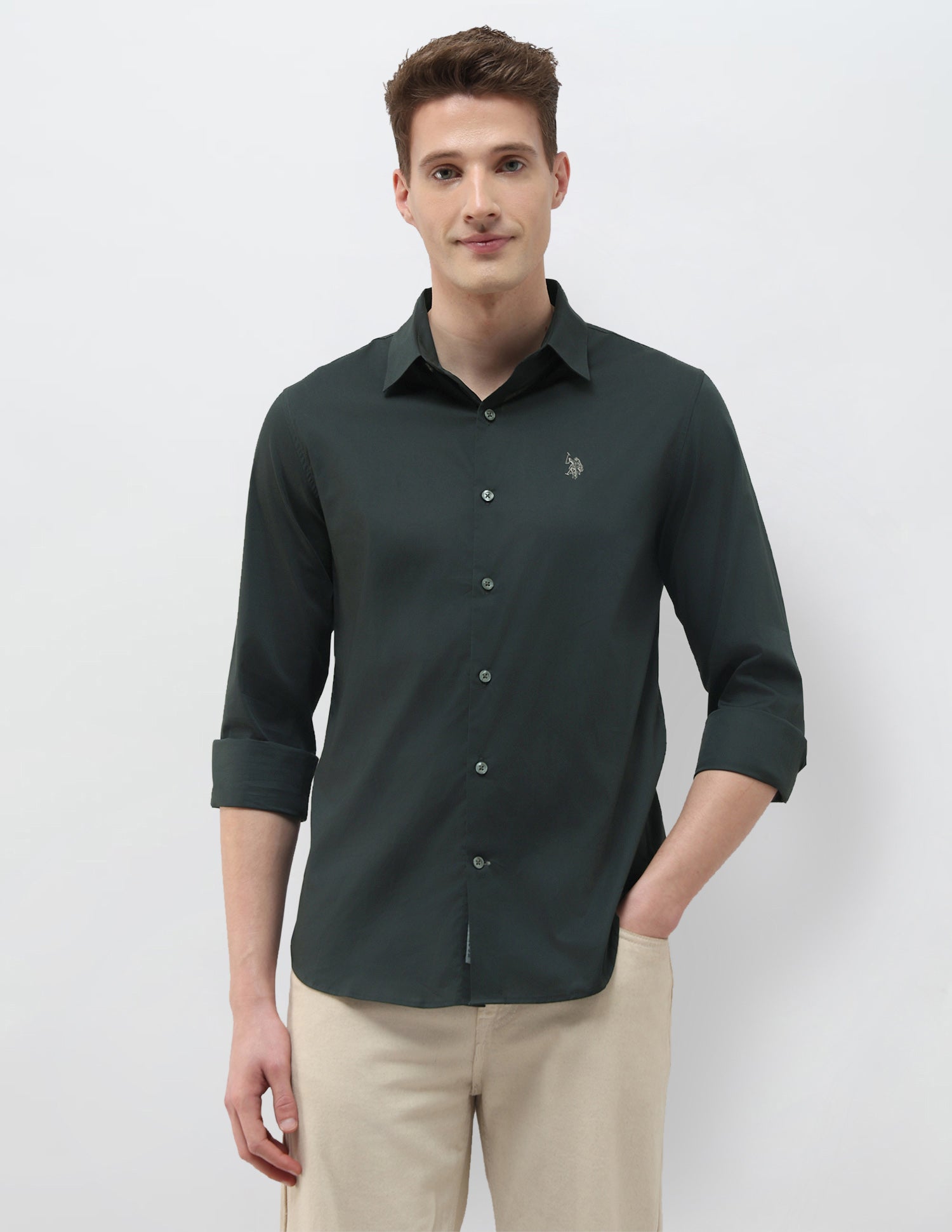Solid Black & Gold Regular Fit Shirt Dark Green - U.S. Polo Assn. India | Large