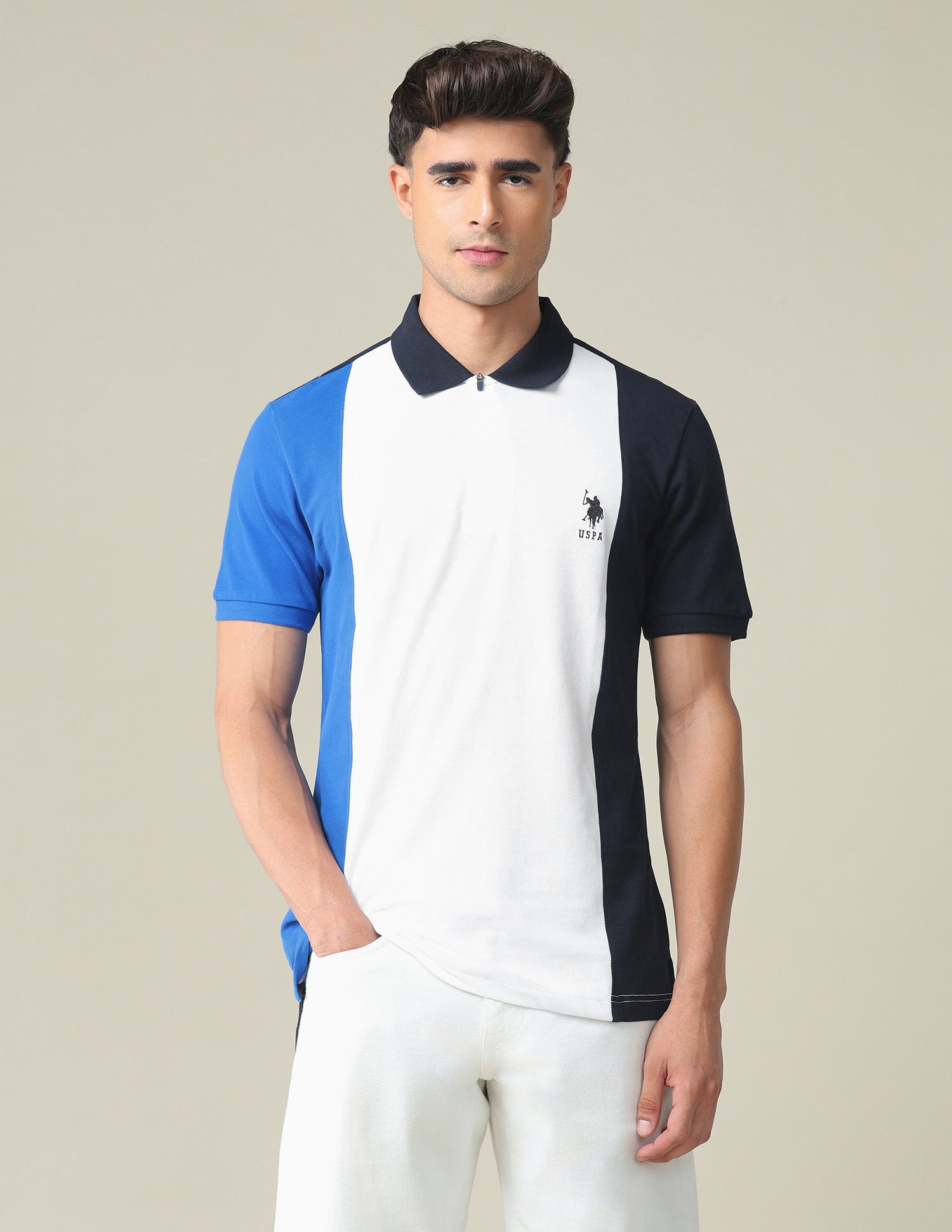 Colour Block Cotton Polo Shirt Navy and White - U.S. POLO ASSN. | Large