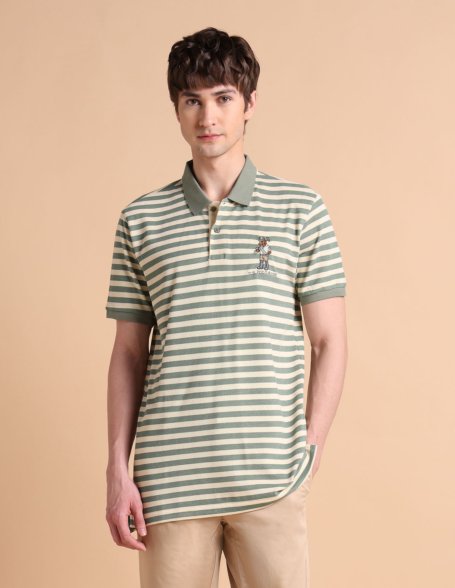 Horizontal Striped Slim Fit Polo Shirt Light Olive - U.S. POLO ASSN. | Large