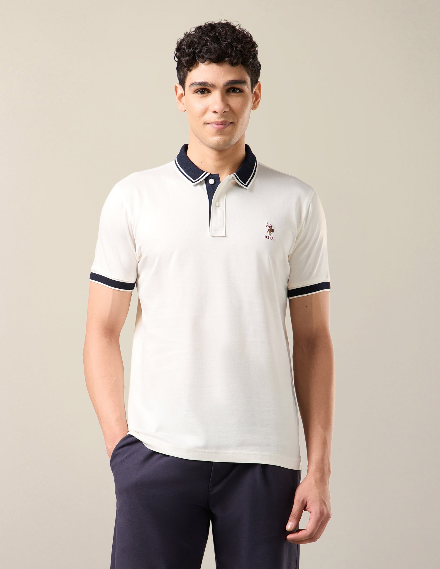 Solid Slim Fit Polo Shirt Off White - U.S. Polo Assn. India | Large