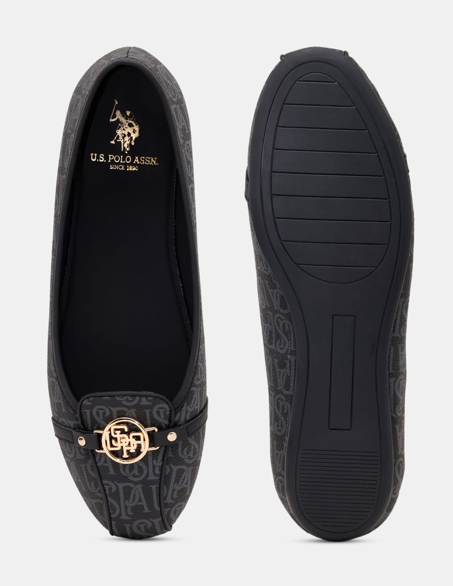 Alina 3.0 Black Monogram Print Ballerinas Black - U.S. Polo Assn. India | Large