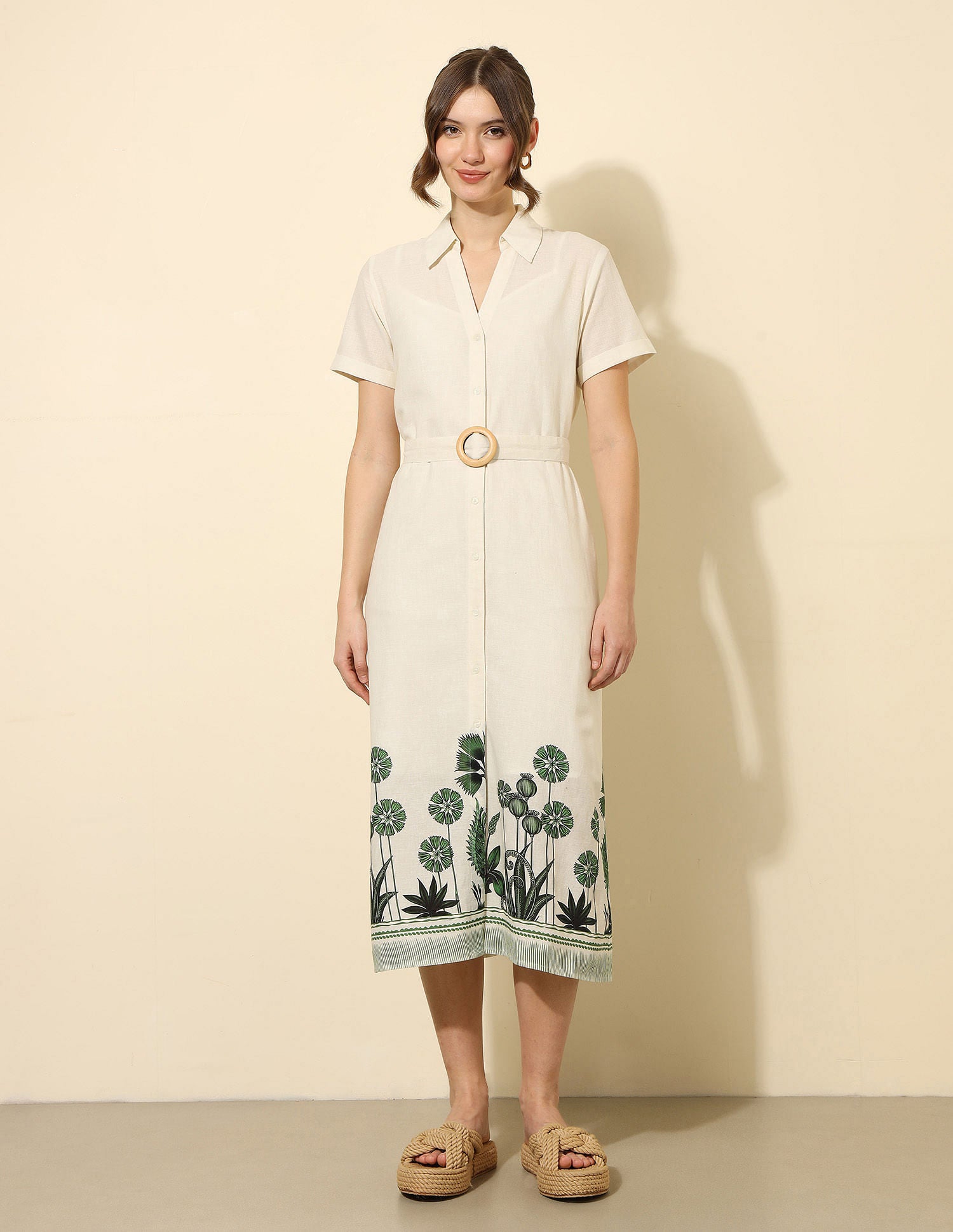 Floral Printed Midi Shirt Dress Ecru - U.S. Polo Assn. India | Large
