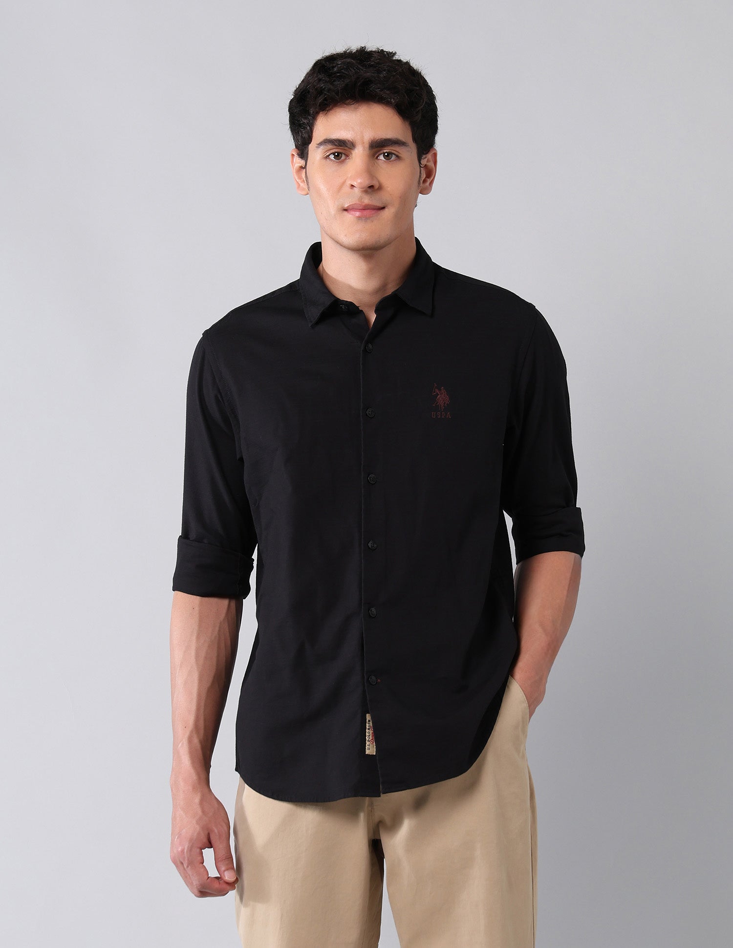 Pure Cotton Regular Fit Dobby Shirt Black - U.S. Polo Assn. India | Large
