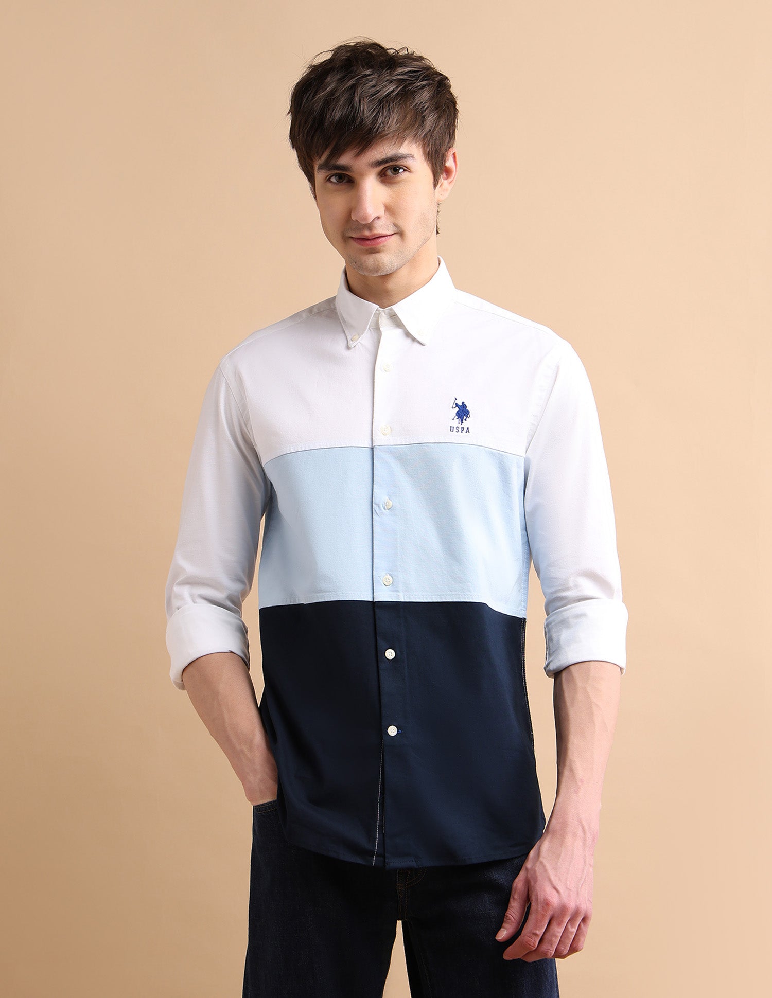 Colour Block Oxford Shirt Navy and White - U.S. POLO ASSN. | Large