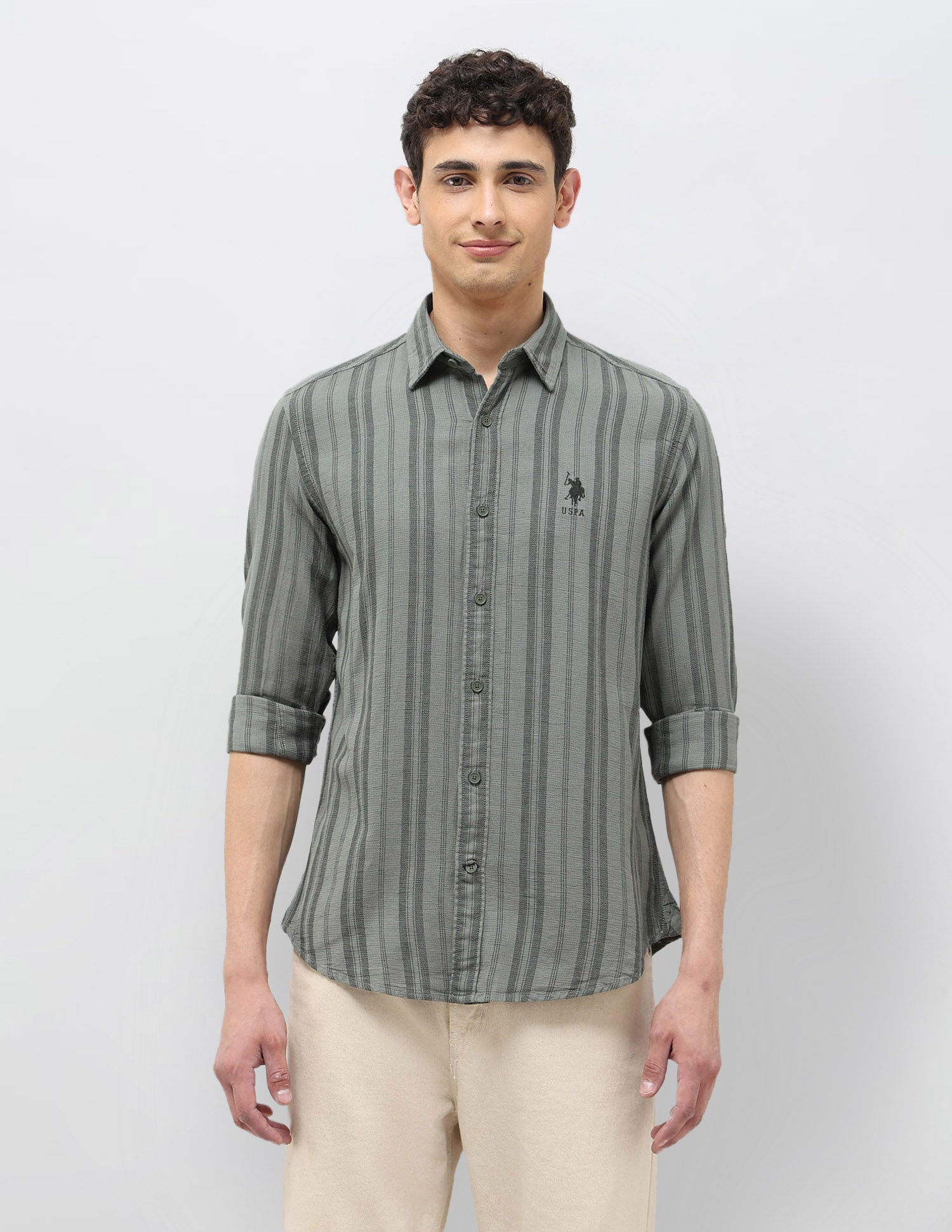 Vertical Striped Regular Fit Shirt Light Green - U.S. Polo Assn. India | Large