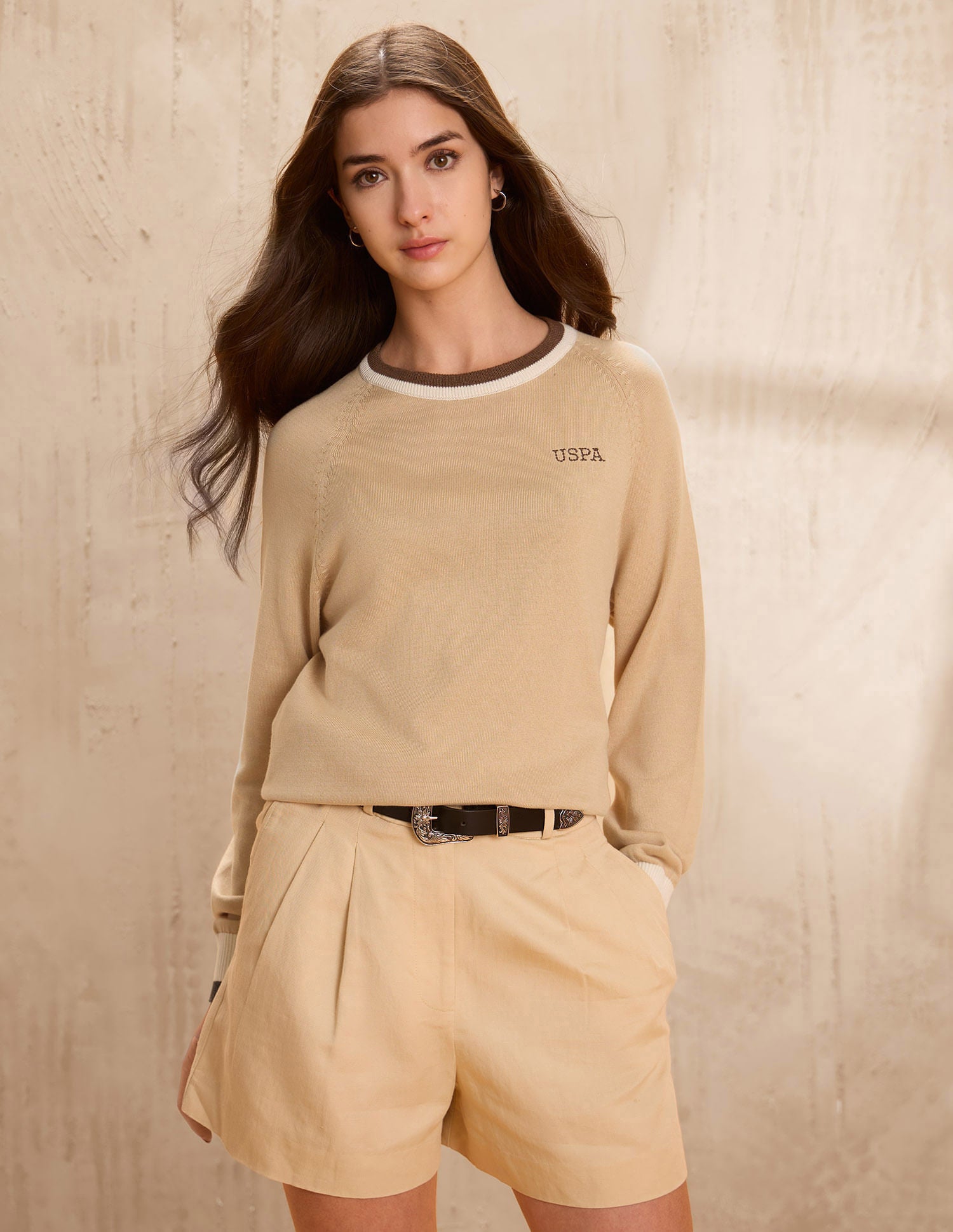 Raglan Fit Solid Sweater Beige - U.S. POLO ASSN. | Large