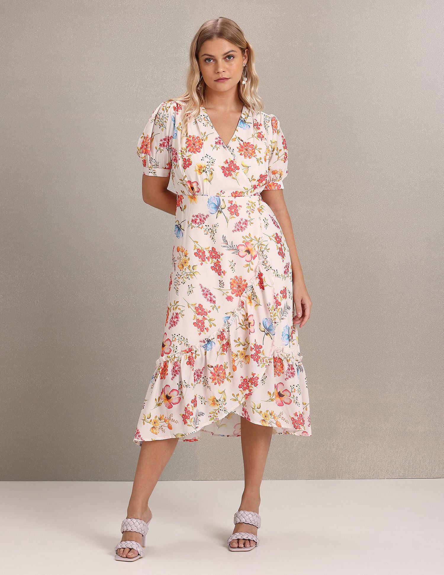 V-Neck Floral Print Fit And Flare Dress White and Pink - U.S. POLO ASSN. | Large