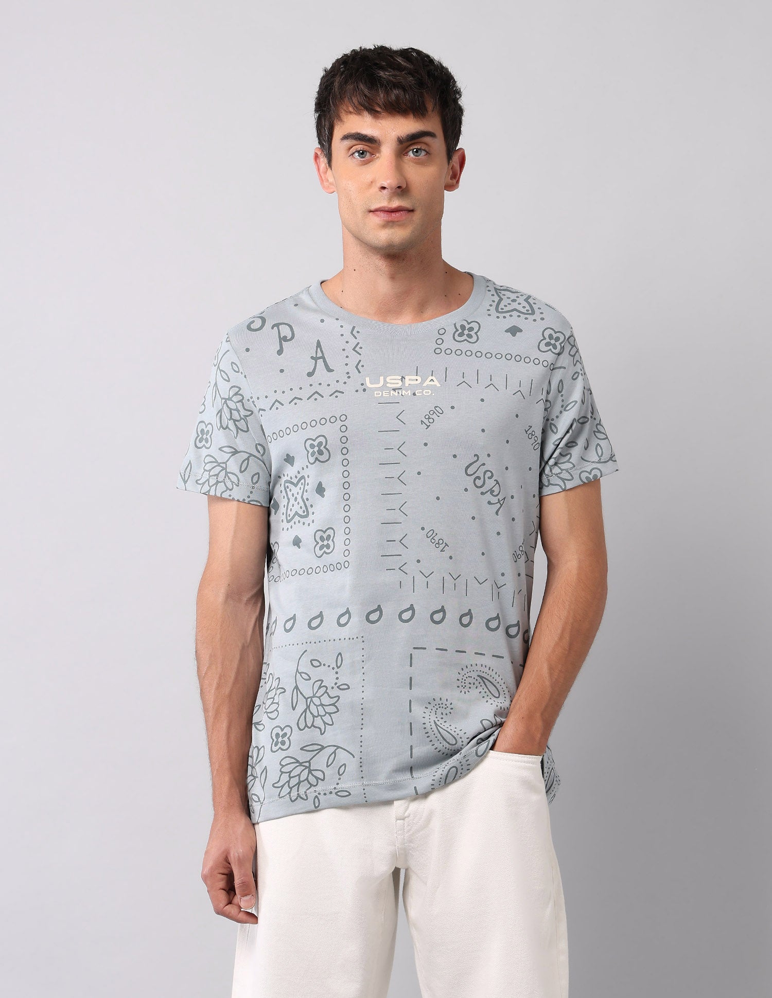 All Over Printed Pure Cotton T-Shirt Light Grey - U.S. Polo Assn. India | Large