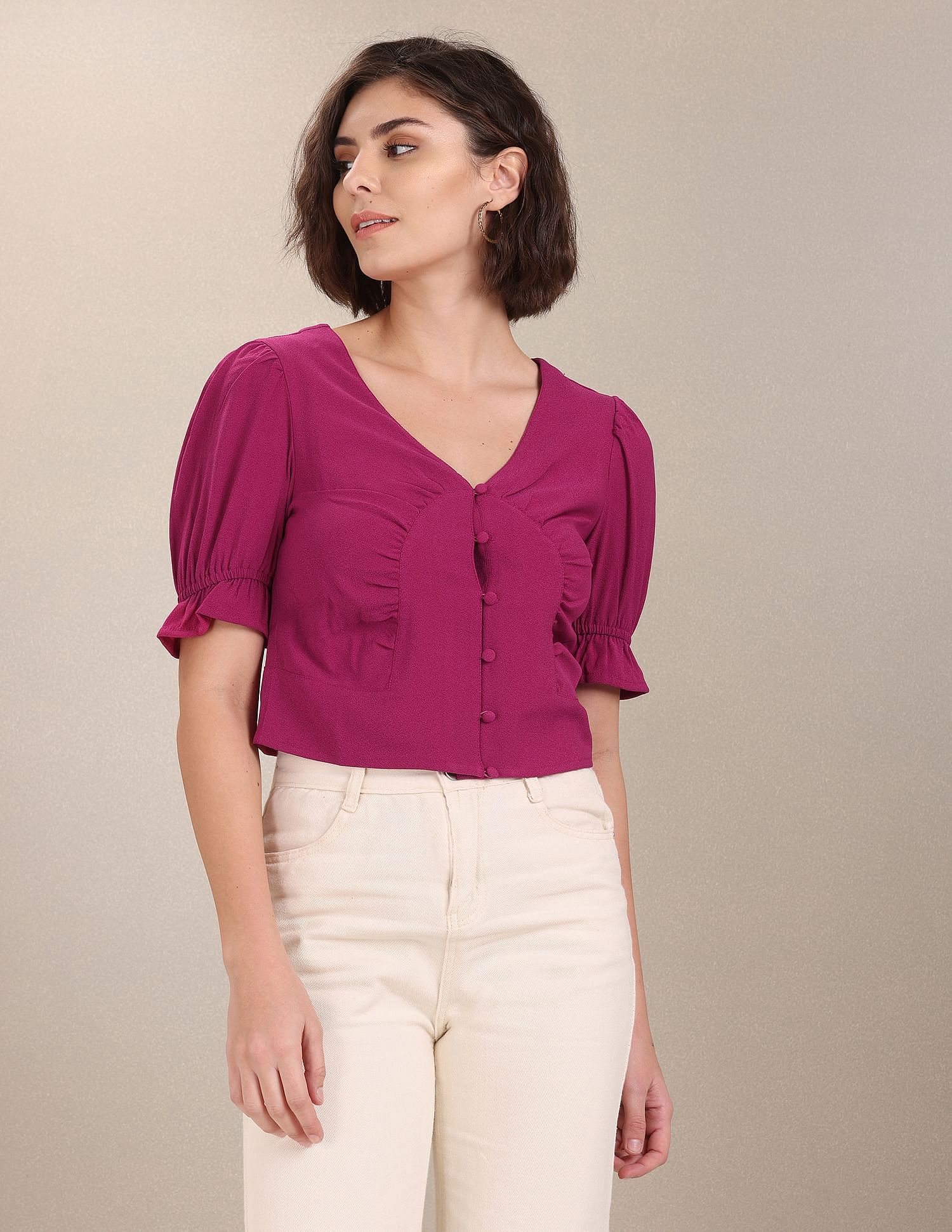 V-Neck Puff Sleeve Crop Top Fuchsia - U.S. Polo Assn. India | Large