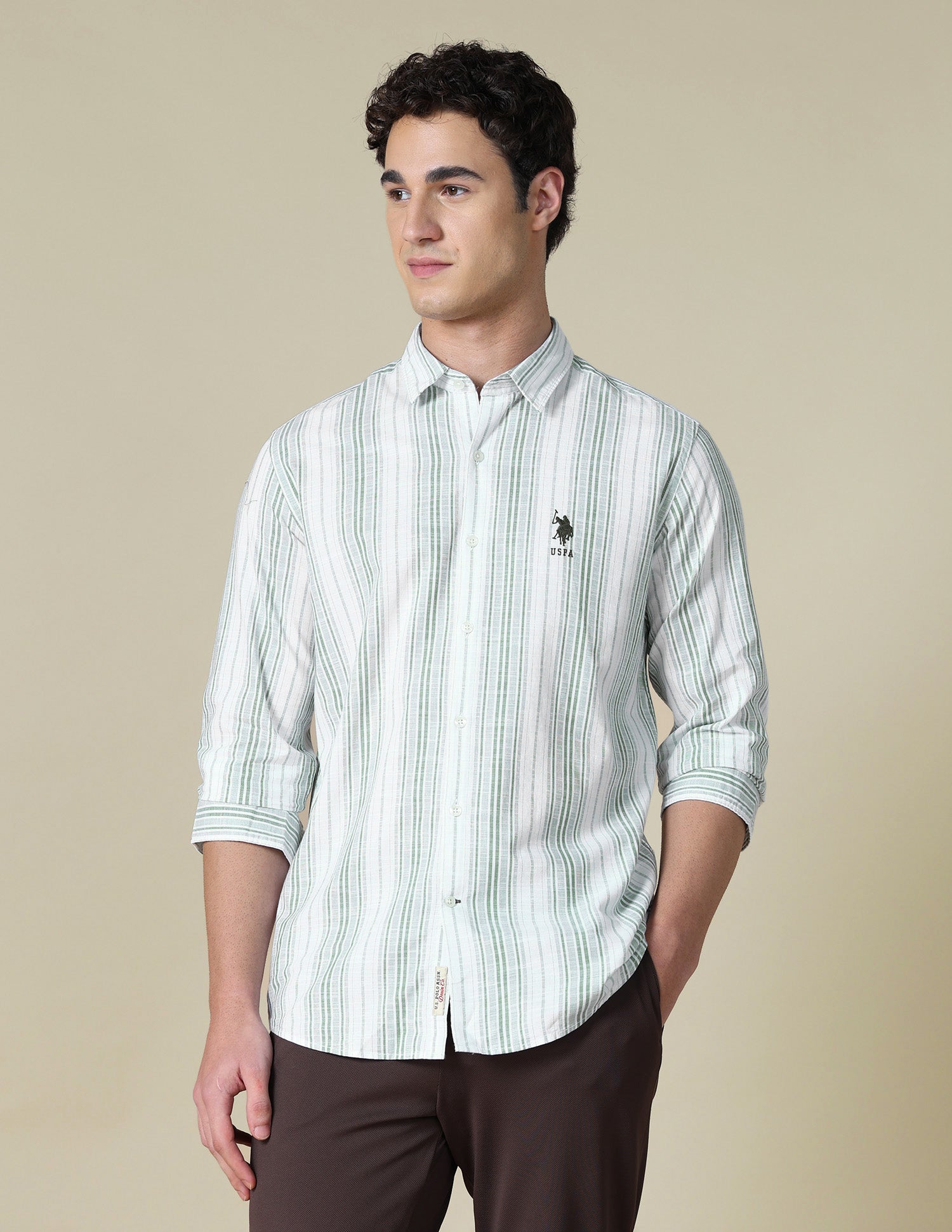 Vertical Striped Regular Fit Shirt Light Green - U.S. Polo Assn. India | Large