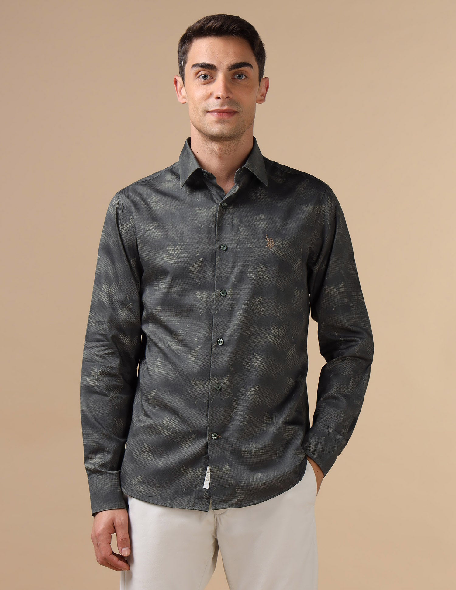 Tropical Printed Pure Cotton Shirt Olive - U.S. POLO ASSN. | Large