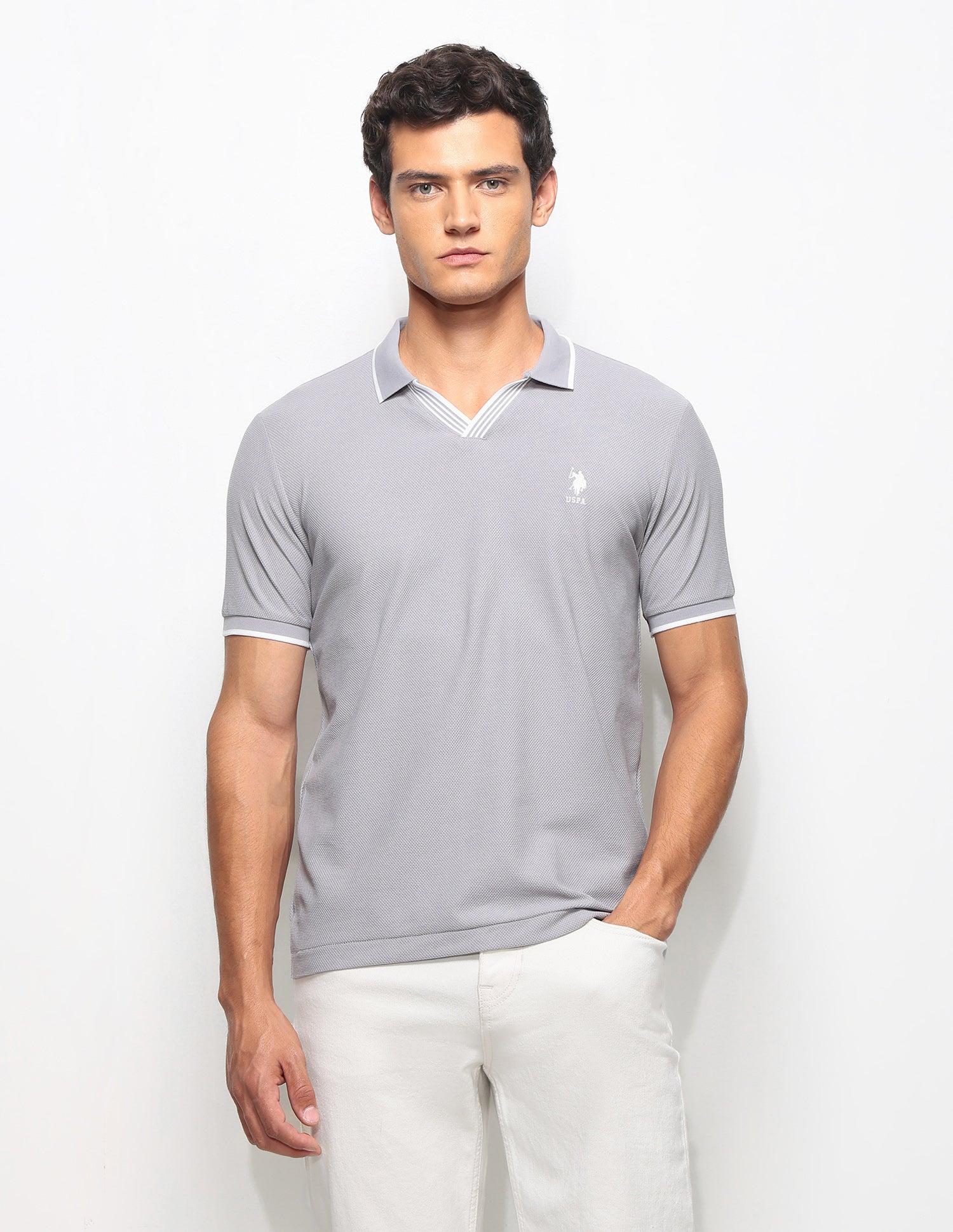 Textured Slim Fit Polo Shirt Light Grey - U.S. Polo Assn. India | Large