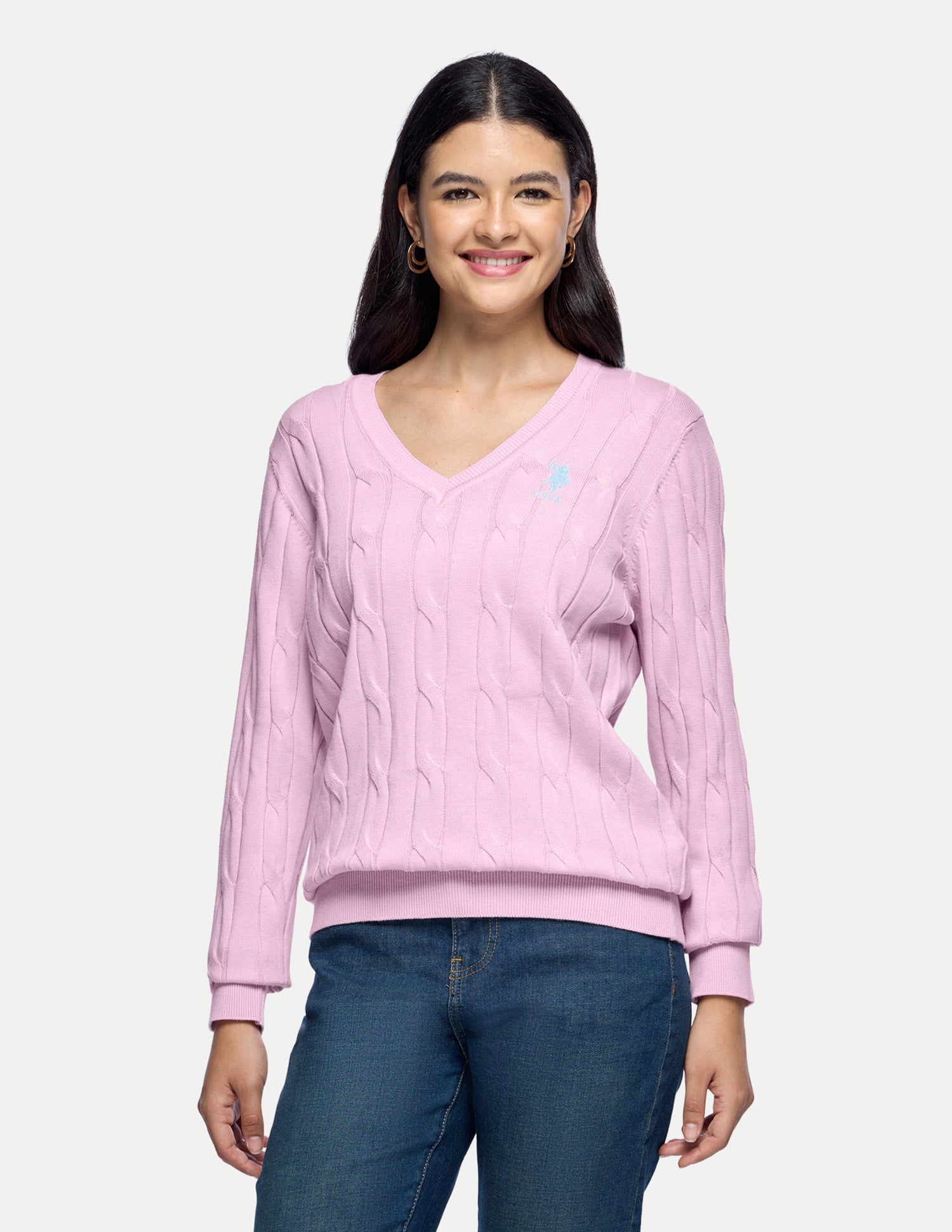 Cable Patterned Knit Regular Fit Sweater Light Pink - U.S. Polo Assn. India | Large