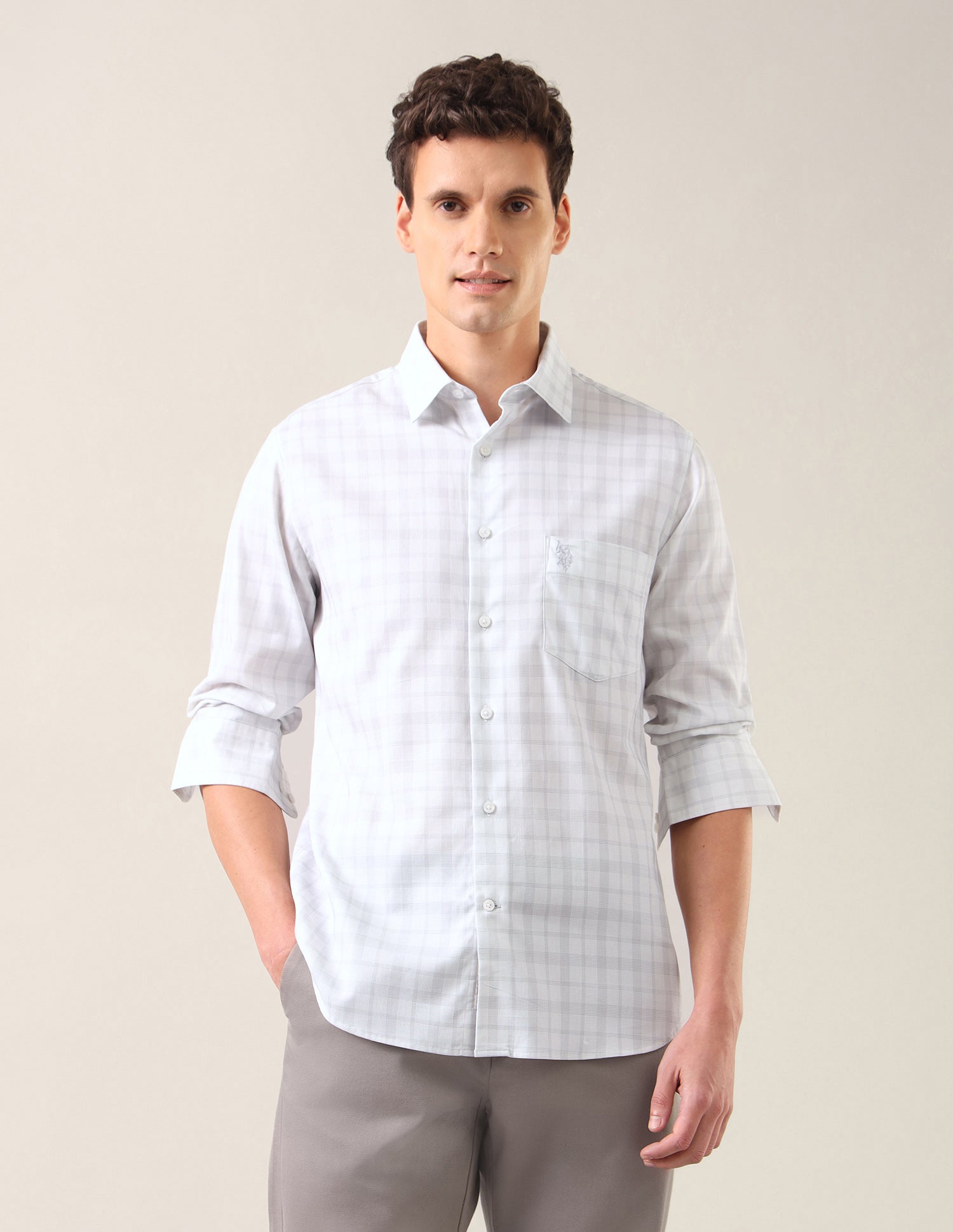 Grid Tattersall Checked With Textured Tailored Fit Shirt Light Grey - U.S. Polo Assn. India | Large