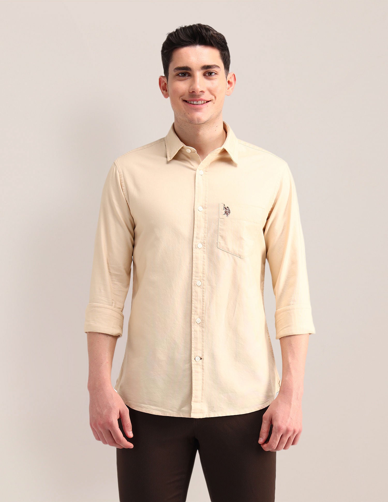 Tailored Fit Pure Cotton Shirt Light Beige - U.S. Polo Assn. India | Large