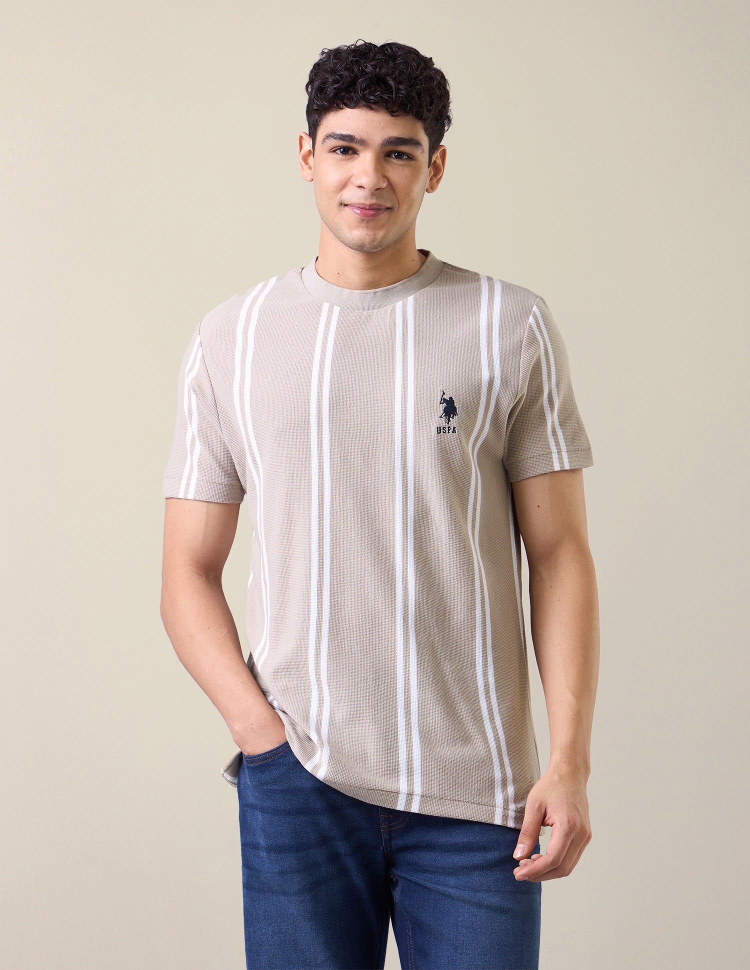 Vertical Striped Slim Fit T-Shirt Beige - U.S. Polo Assn. India | Large
