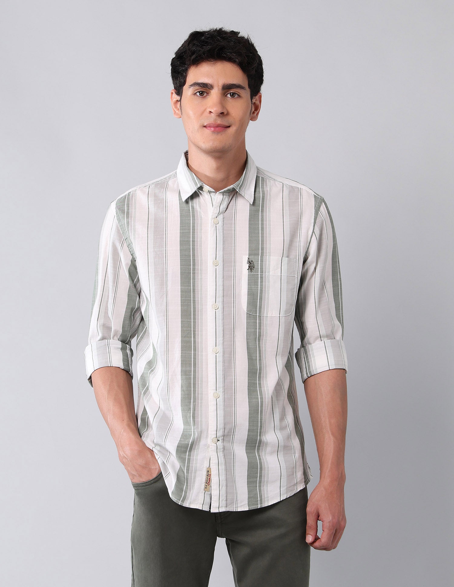 Vertical Striped Pure Cotton Shirt Green - U.S. Polo Assn. India | Large