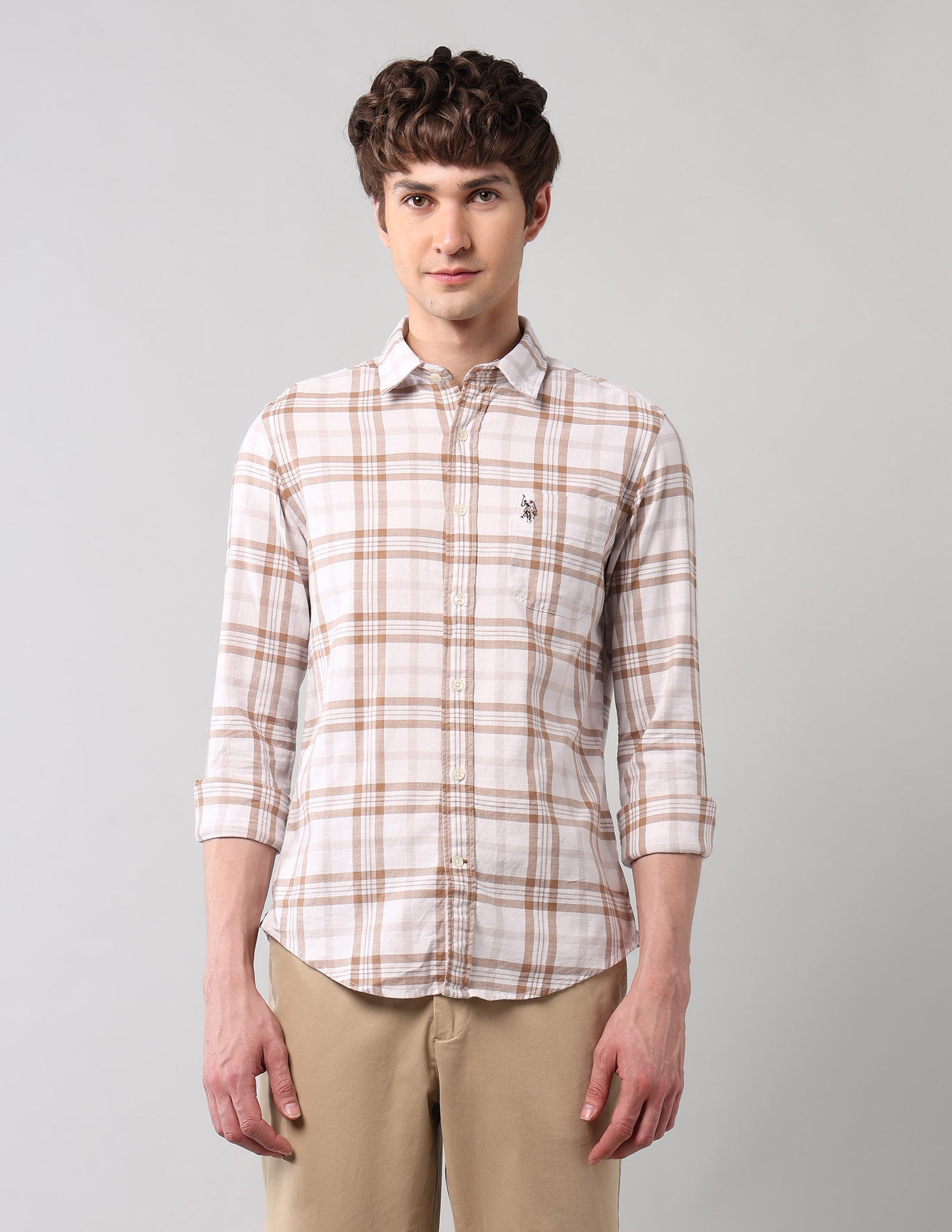 Plaid Checked Pure Cotton Shirt Khaki - U.S. Polo Assn. India | Large