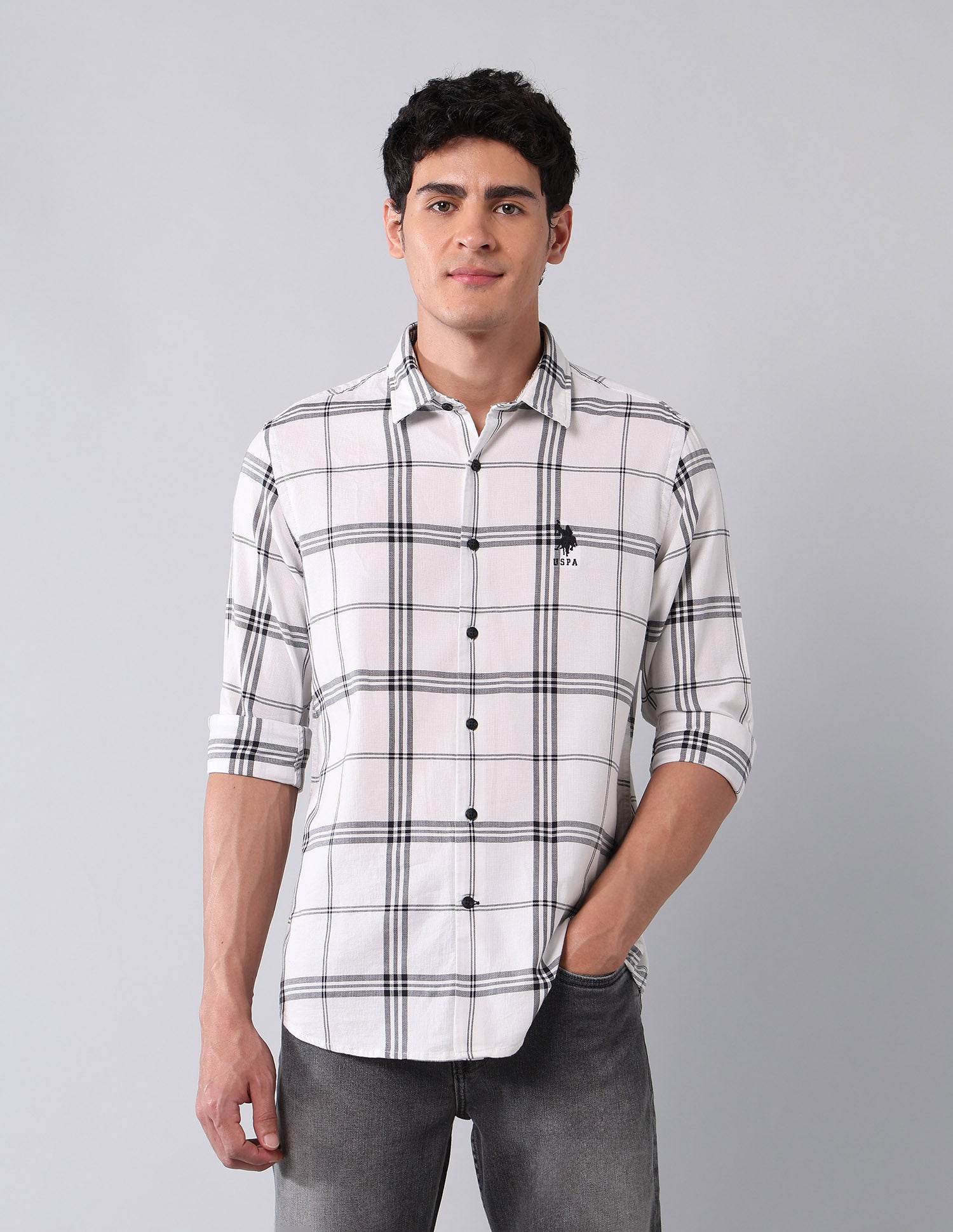 Grid Tattersall Checked Pure Cotton Shirt White - U.S. POLO ASSN. | Large