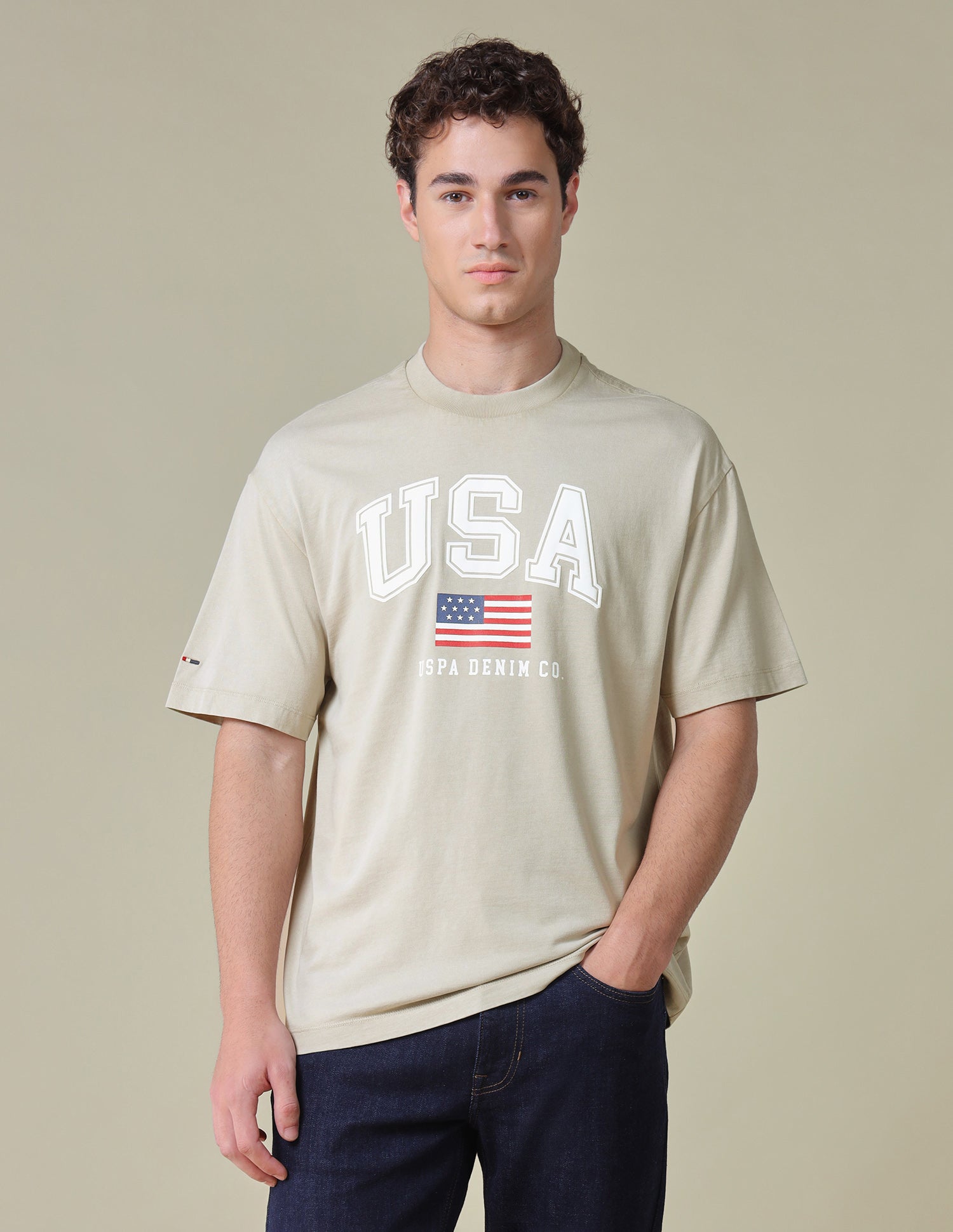Typographic Brand Printed Relaxed Fit T-Shirt Khaki - U.S. Polo Assn. India | Large